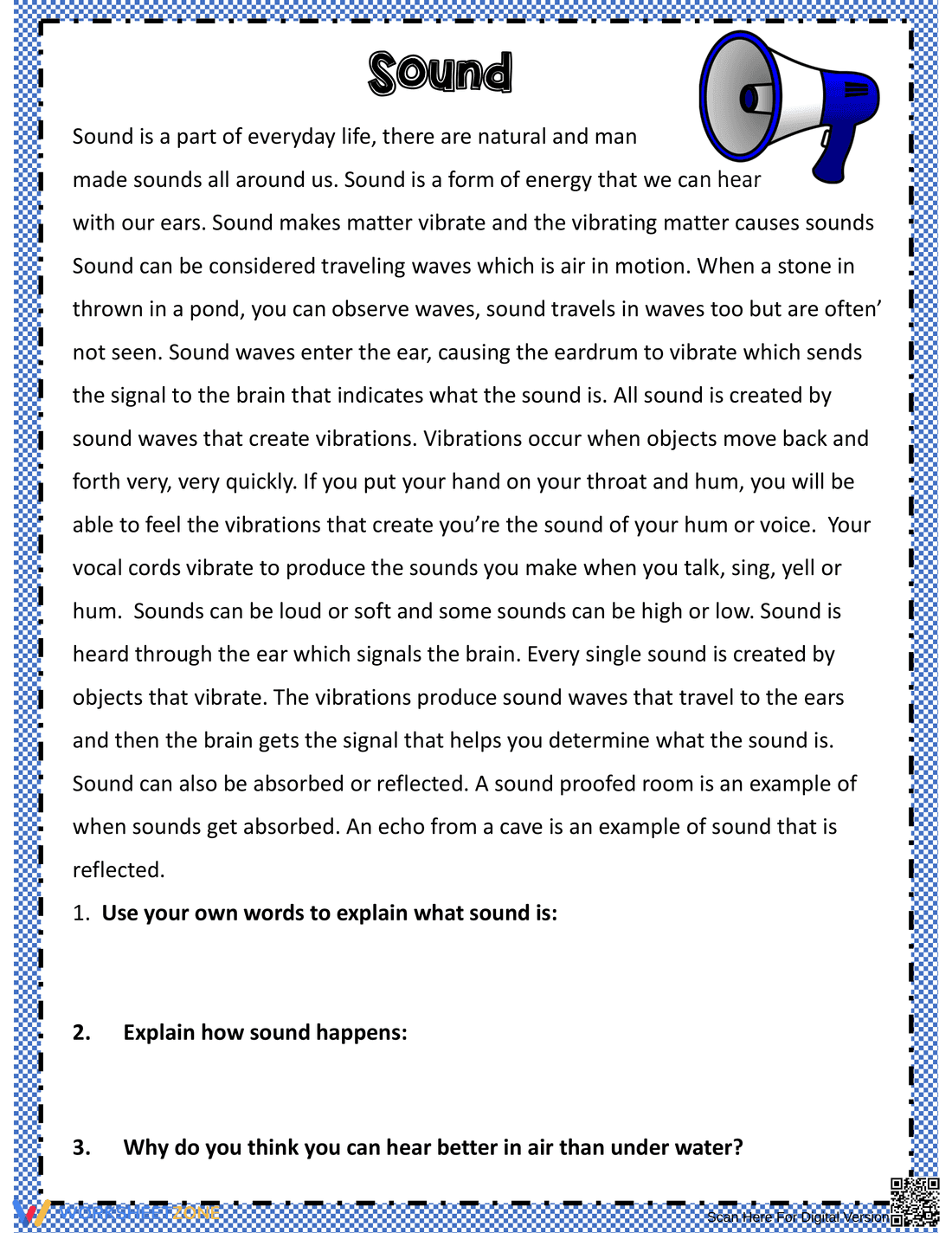 Essential Sound Energy Worksheet | Grade 3 Science - Page 1