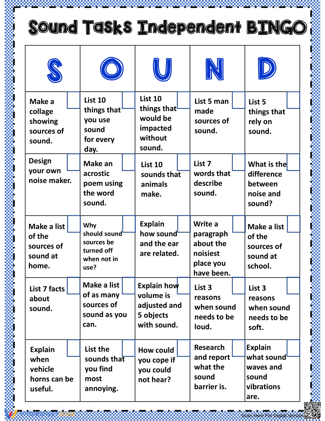 Sound Tasks Bingo Worksheet - Page 1