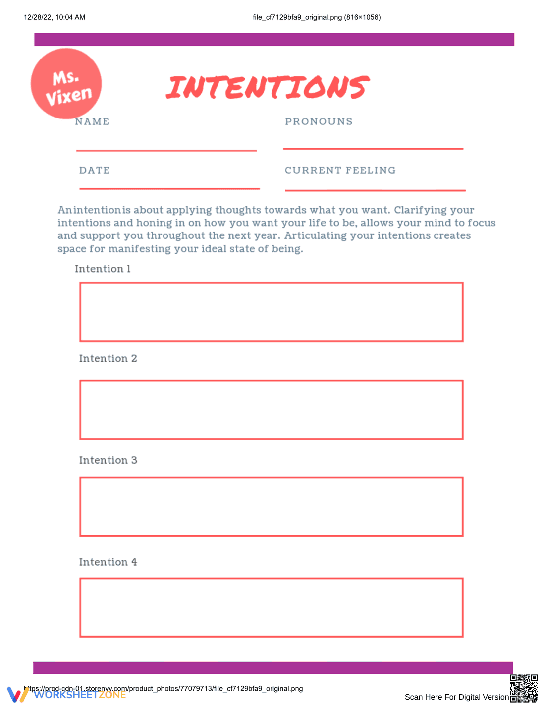 Intentions Worksheet For Beginners - Page 1