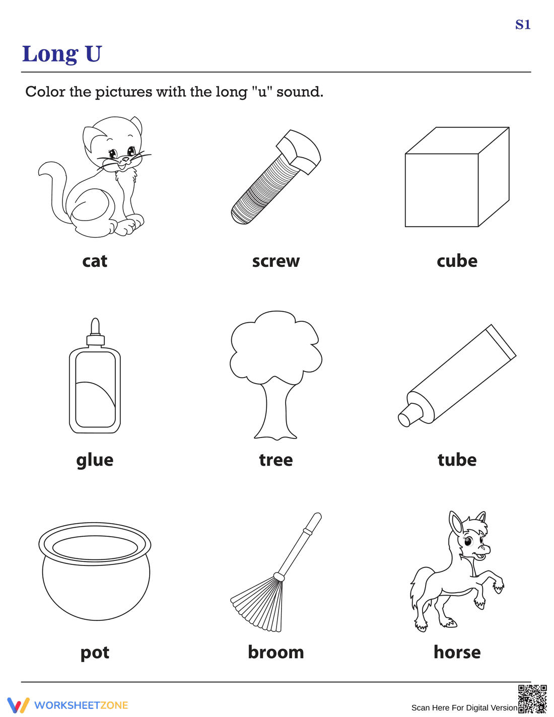 Printable Long U Vowel Sound Worksheet for Grade 1 - Page 1