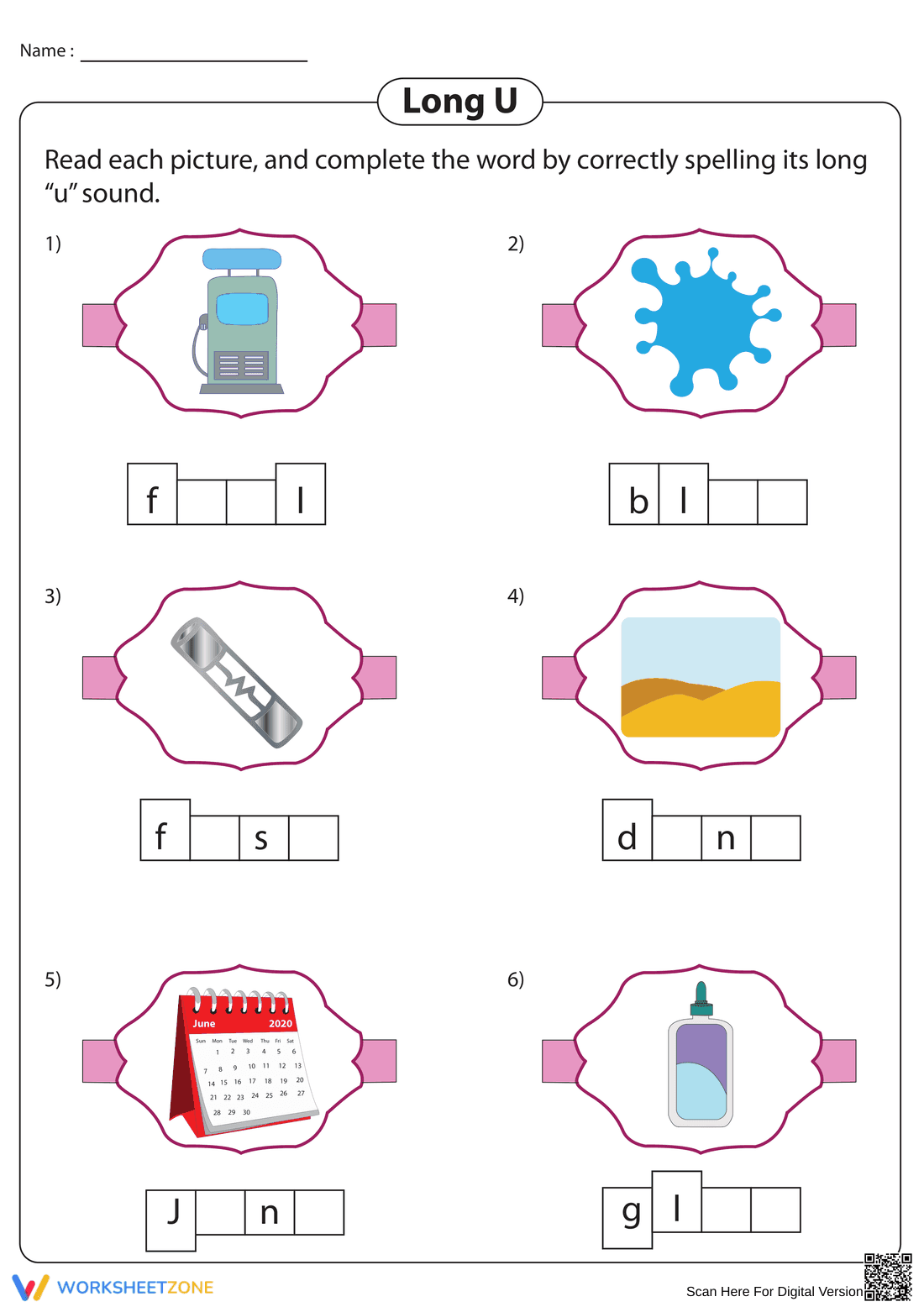 Long U Vowel Worksheet | Printable Grade 1 Phonics - Page 1