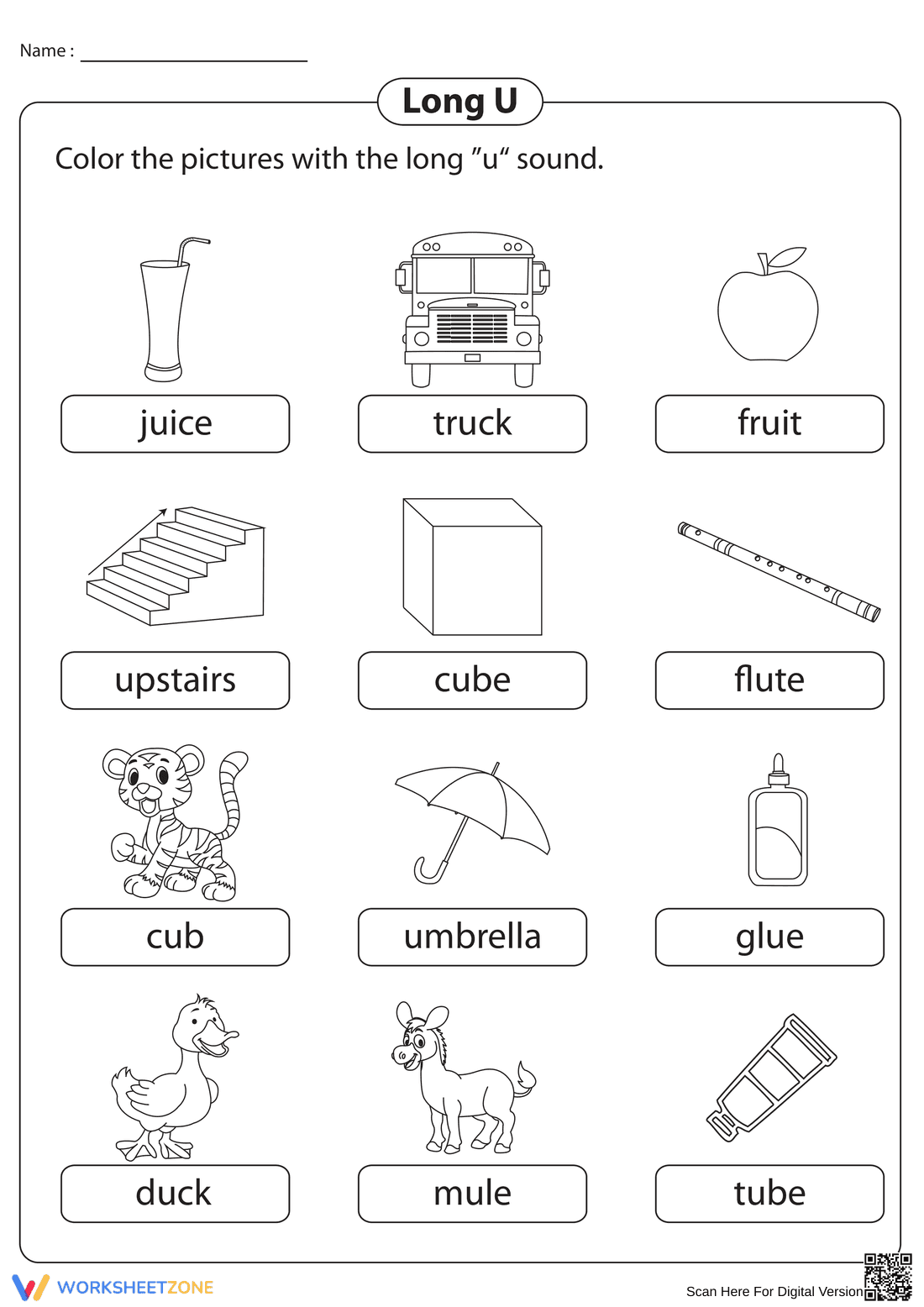 Coloring Long U Words: Printable Grade 1 Phonics - Page 1