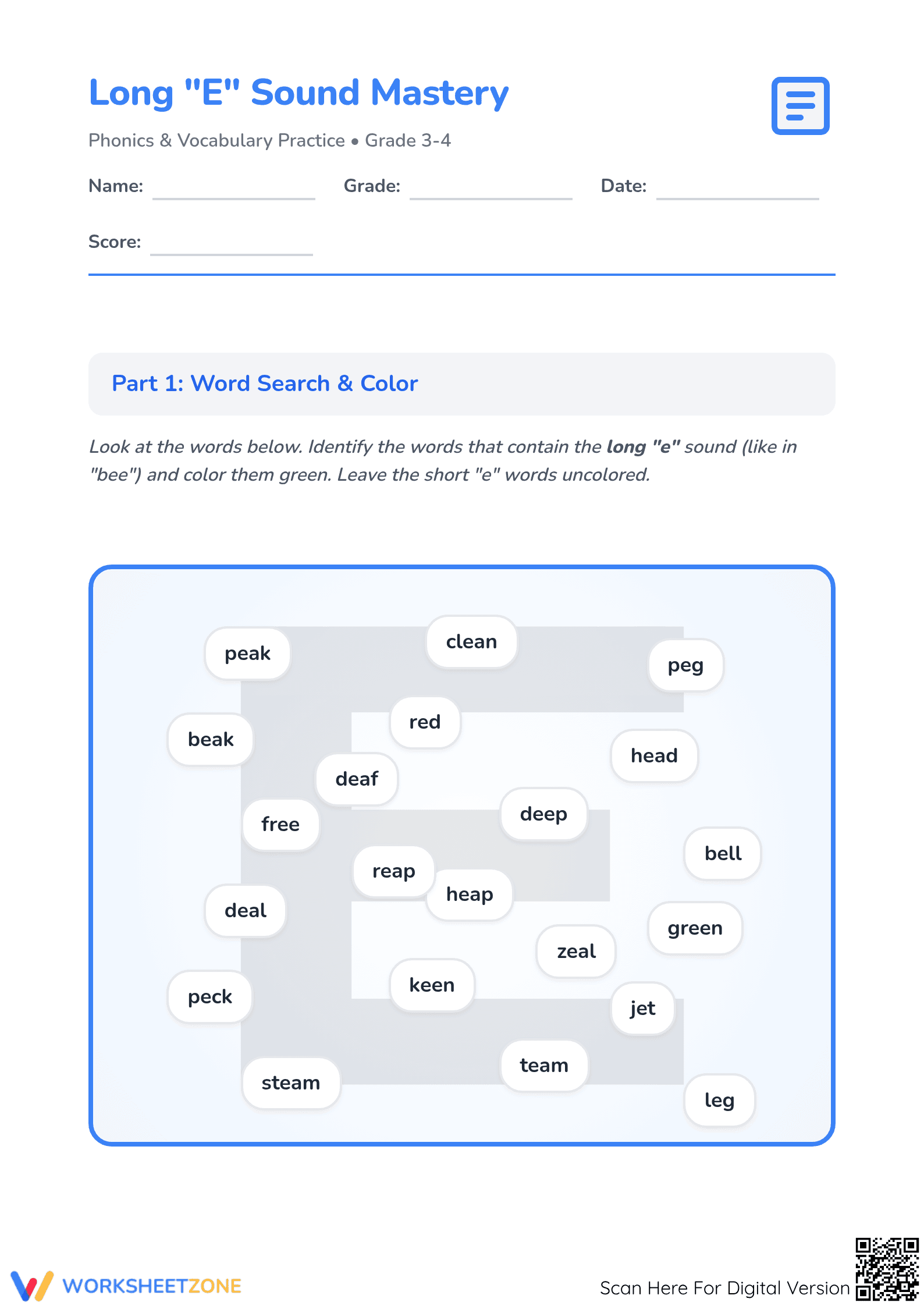 Printable Long E Sound Mastery Worksheet | Grade 3-4 ELA - Page 1