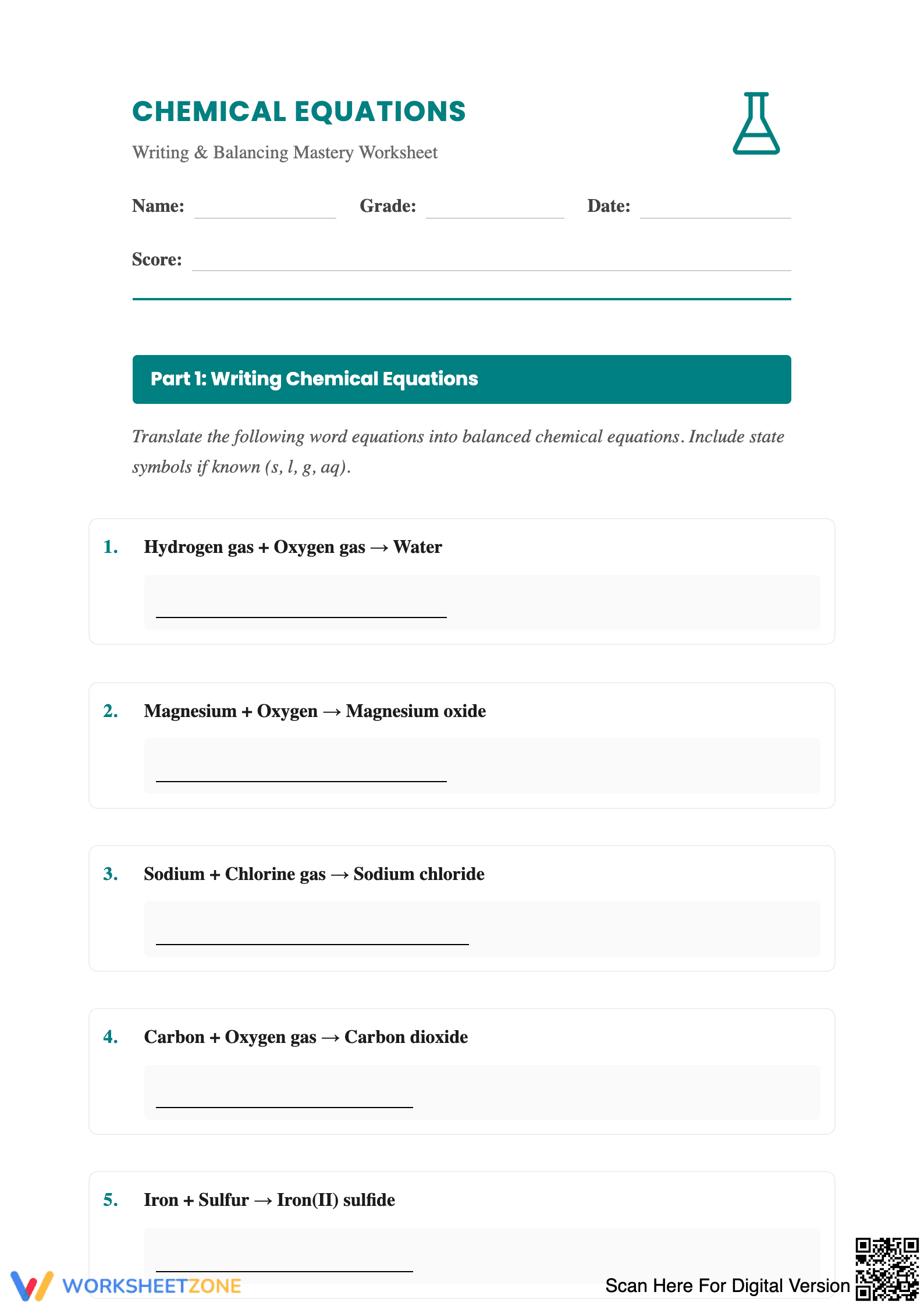 Writing and Balancing Chemical Equations - Page 1