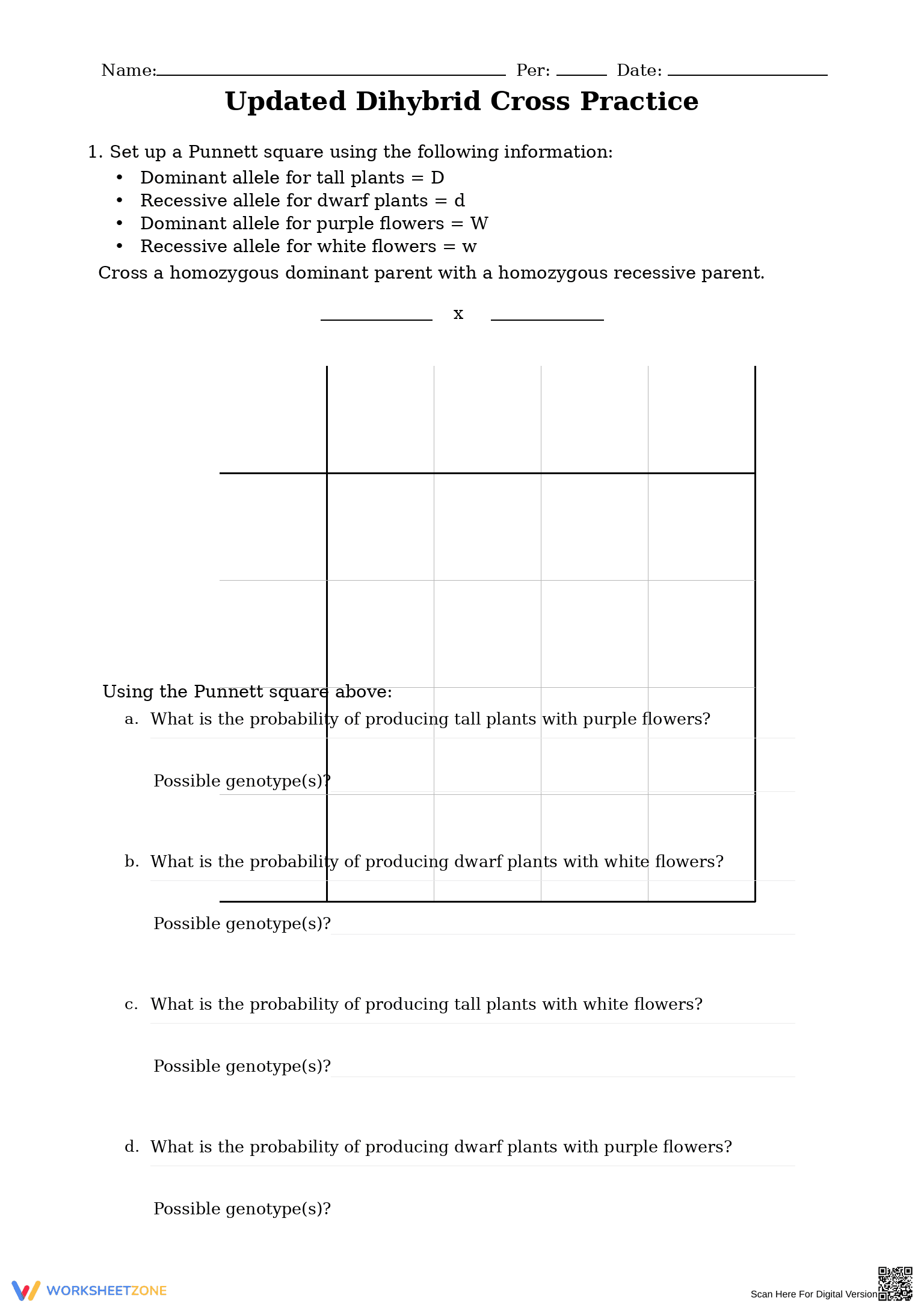 Printable Dihybrid Cross Worksheet | Grade 9-12 Biology - Page 1