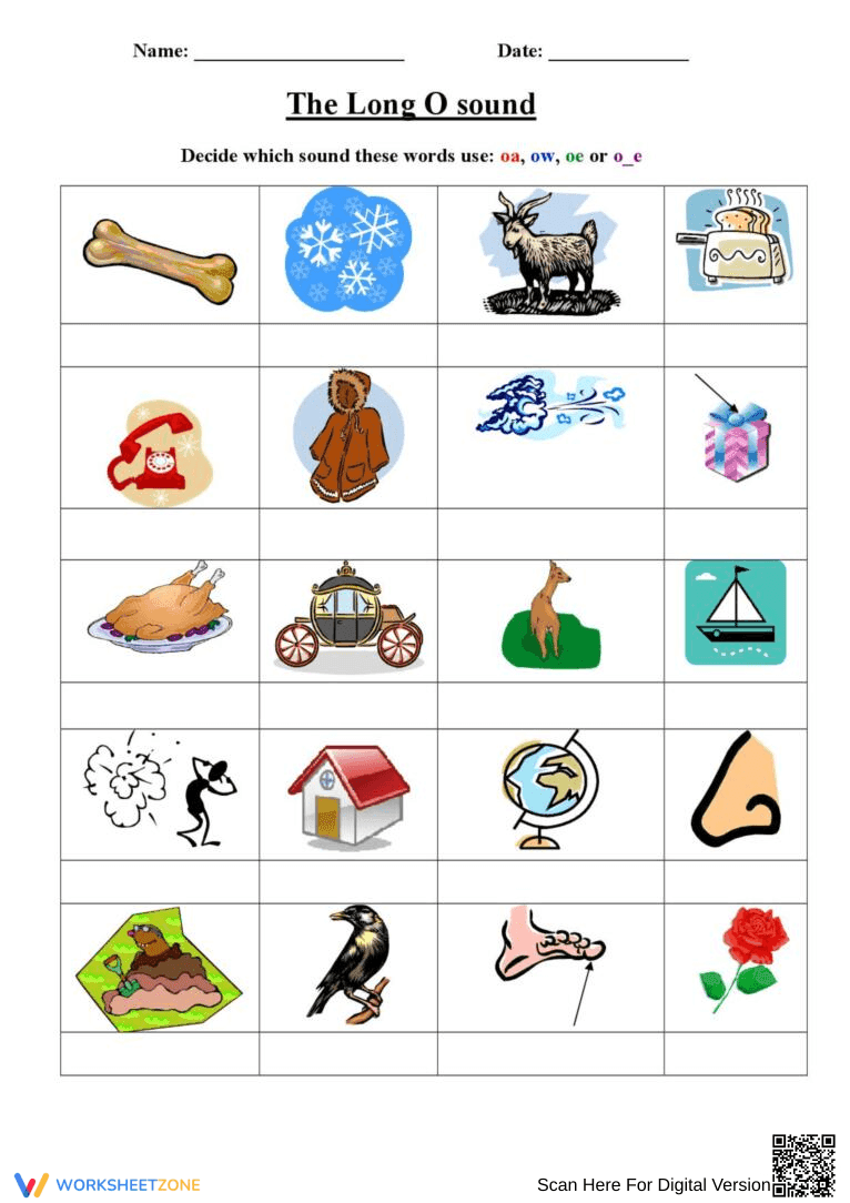 Long O Sound Worksheet: Printable Phonics Practice - Page 1