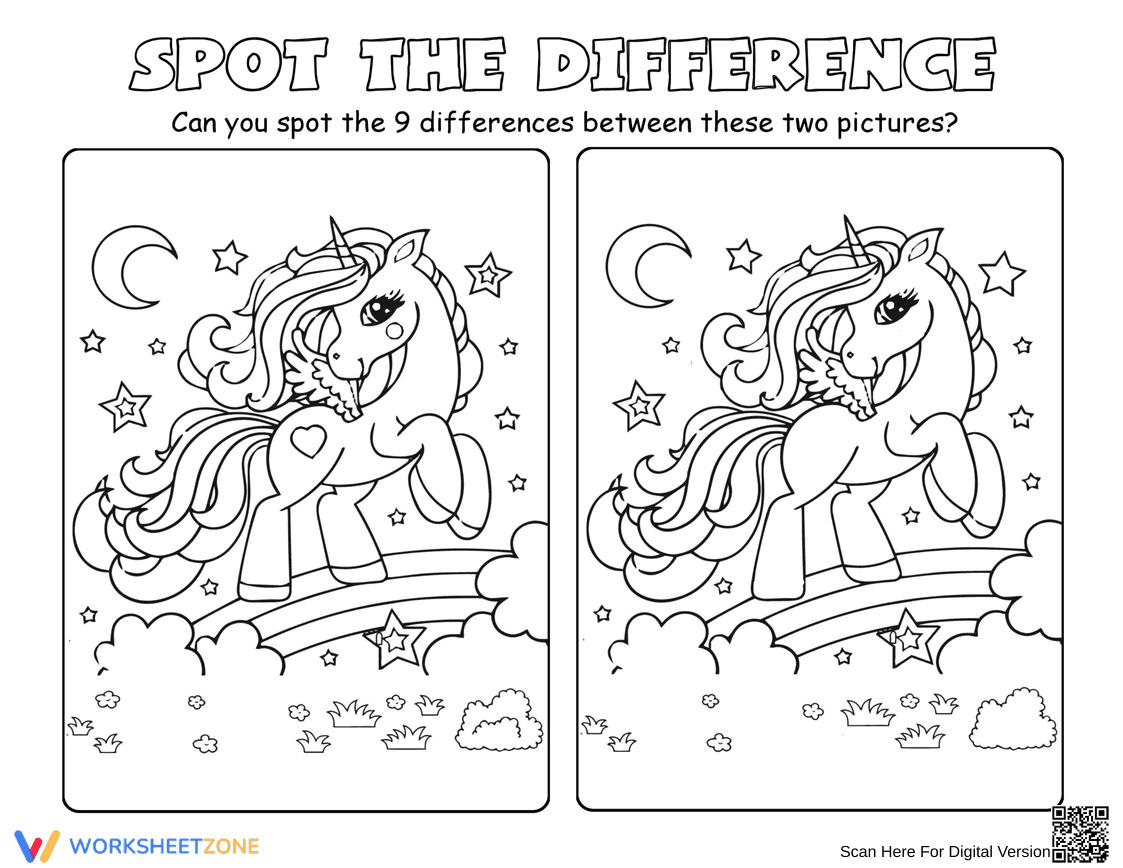 Unicorn Spot the Difference Worksheet - Page 1