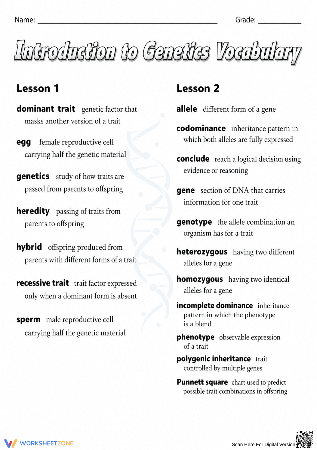 Grade 8 Genetics Vocabulary — Printable No-Prep Worksheet - Page 1