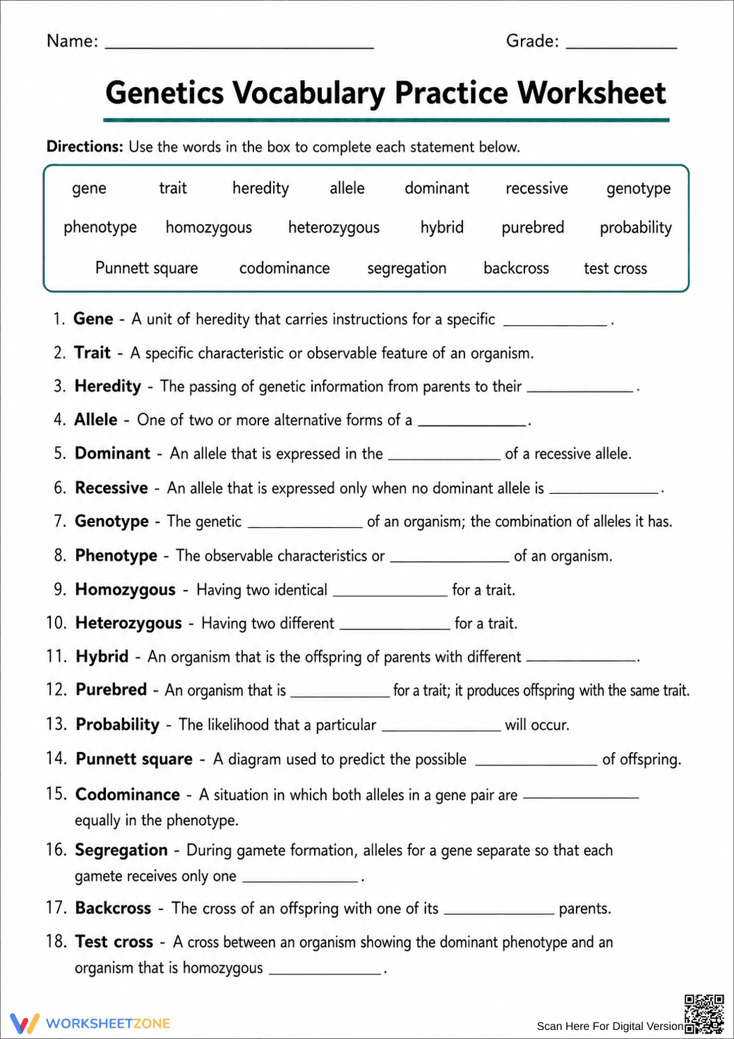 Genetics Vocabulary Worksheet (3 Levels) | Grade 7 Ready - Page 1
