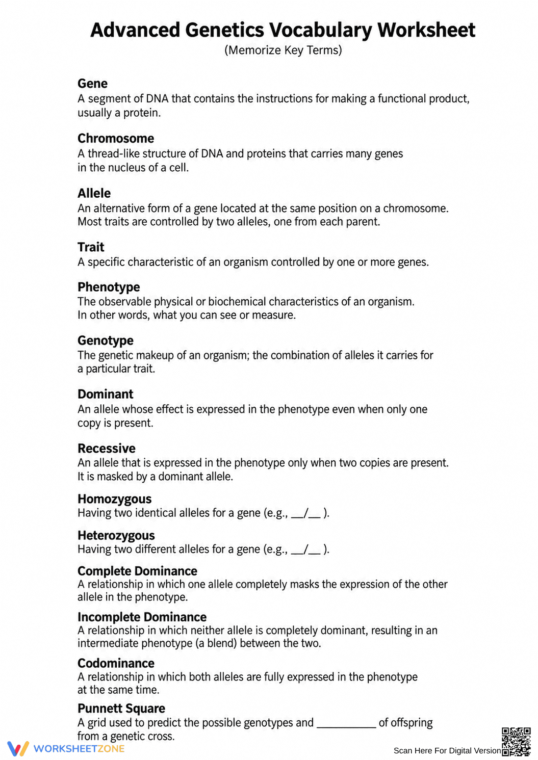 Grade 8 Genetics Vocabulary — Printable No-Prep Worksheet - Page 1