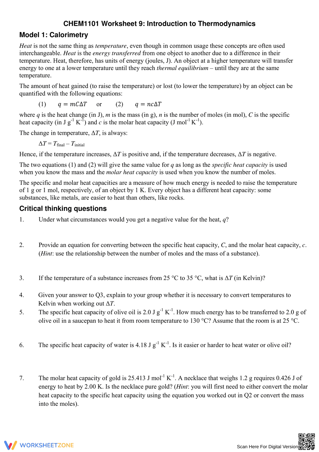Introduction to Thermodynamics: Science Worksheet - Page 1