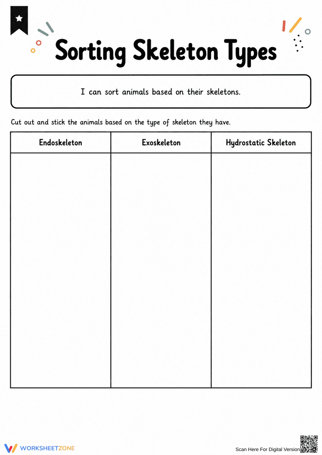 Sorting Skeleton Types Worksheet (3 Levels) | Grade 4 Ready - Page 1