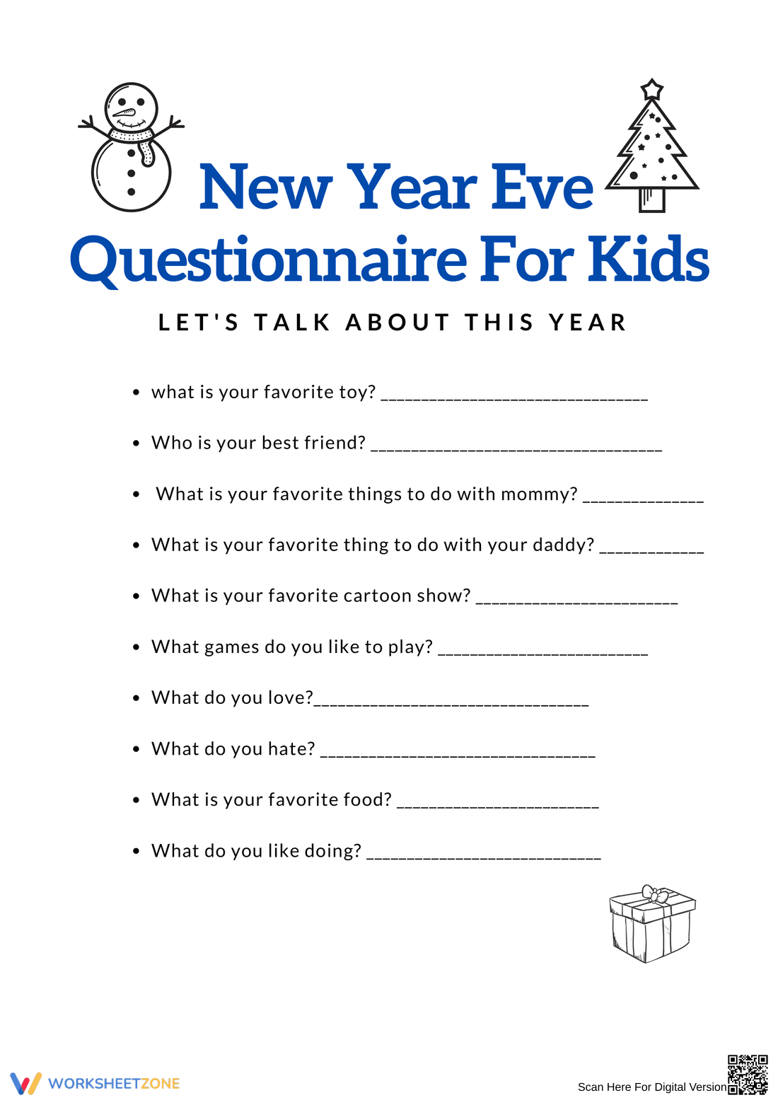 New Year's Eve Questionnaire for Kids - Page 1