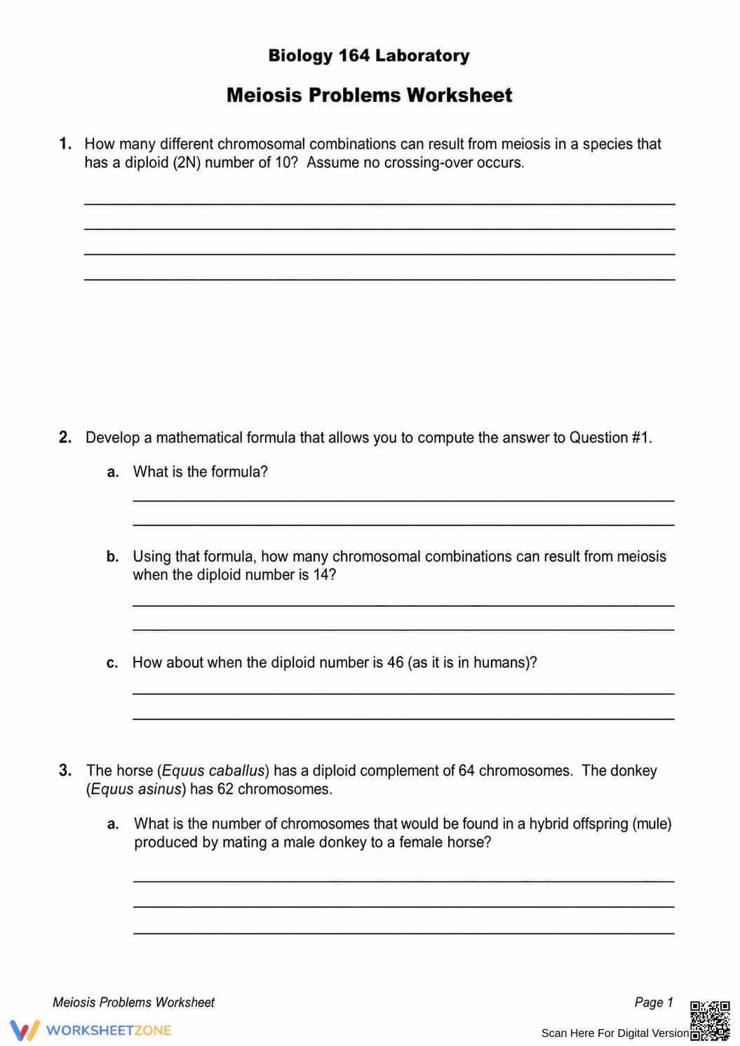Meiosis & Diploid Numbers Printable Worksheet | Grade 9-12 - Page 1
