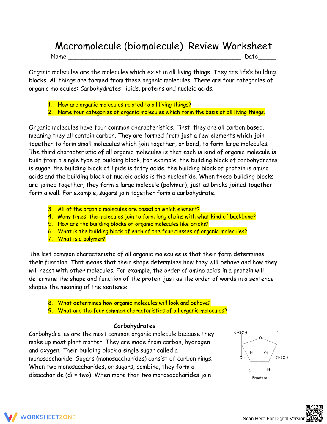 Macromolecule Biomolecule Review Worksheet - Page 1