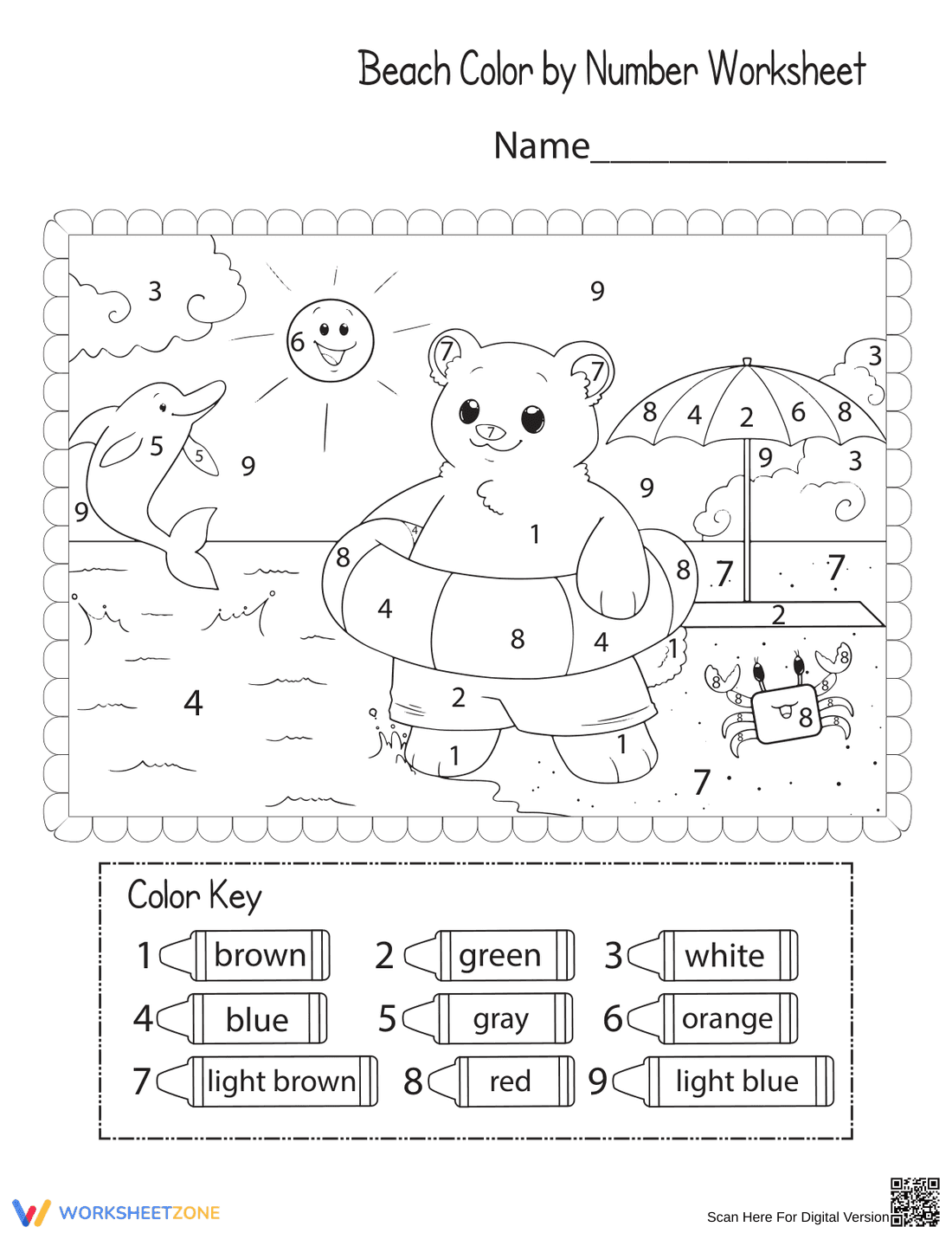 Beach Color by Number | Essential Preschool Worksheet - Page 1