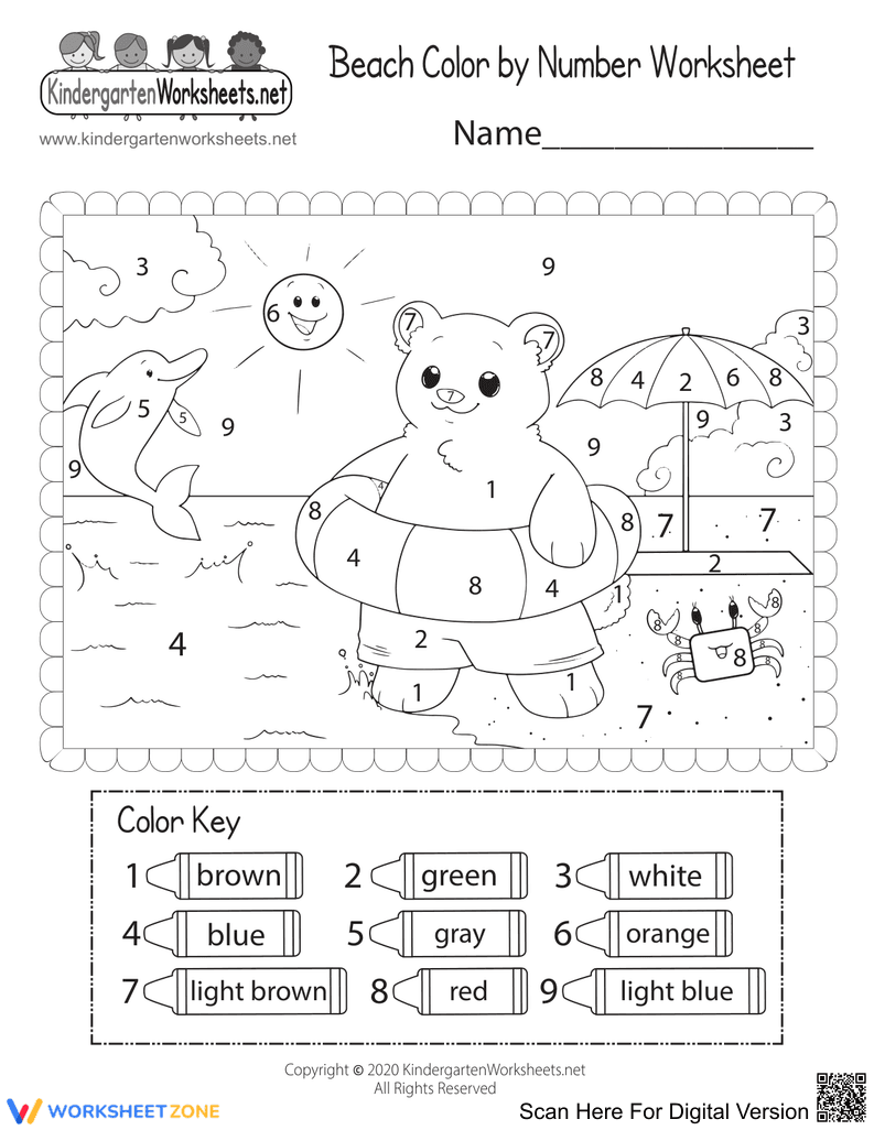 Beach Color by Number | Essential Preschool Worksheet - Page 1
