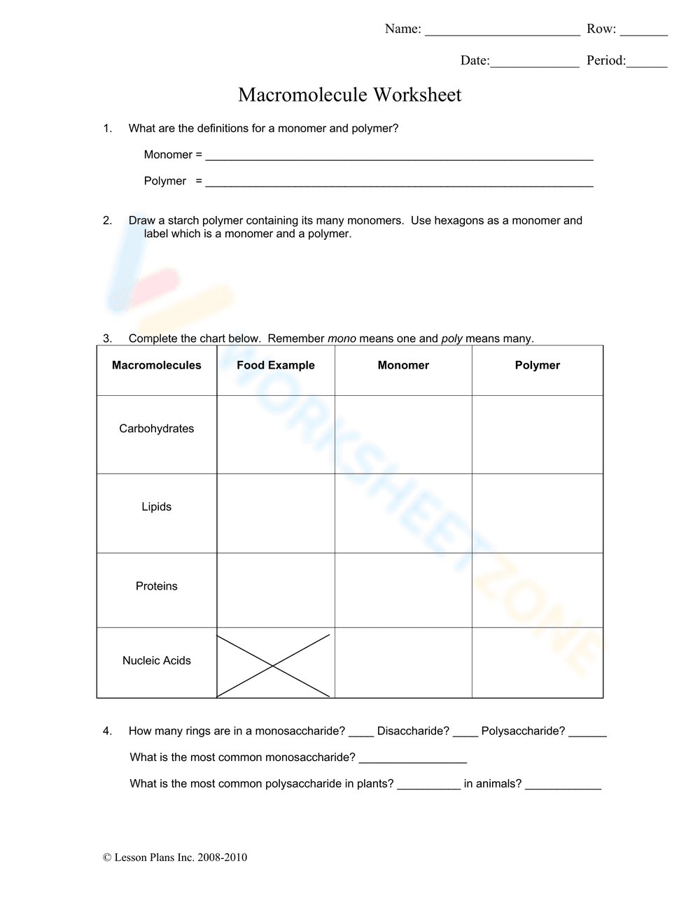 Macromolecule Worksheet for Biology Students - Page 1