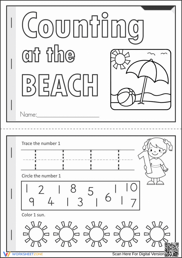 Printable Counting at the Beach Worksheet for Preschool - Page 1