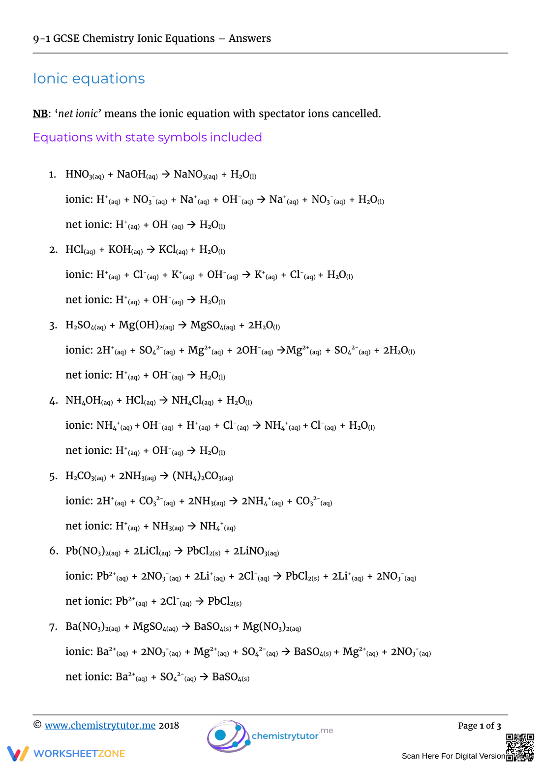 Updated Ionic Equations Worksheet - Page 1