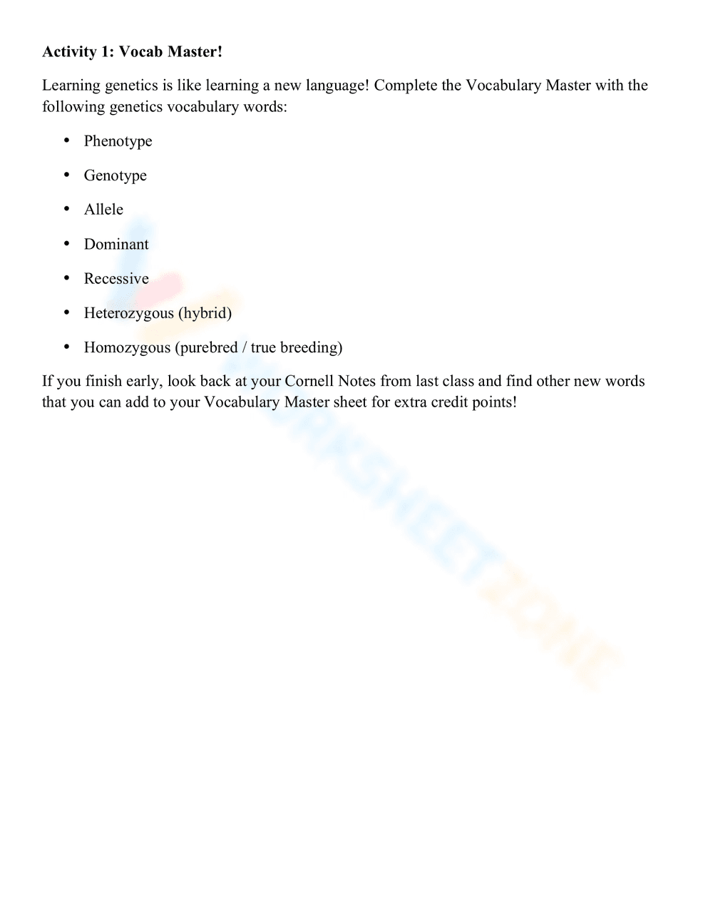 Genetics Vocabulary: Practice Worksheet for Biology - Page 1