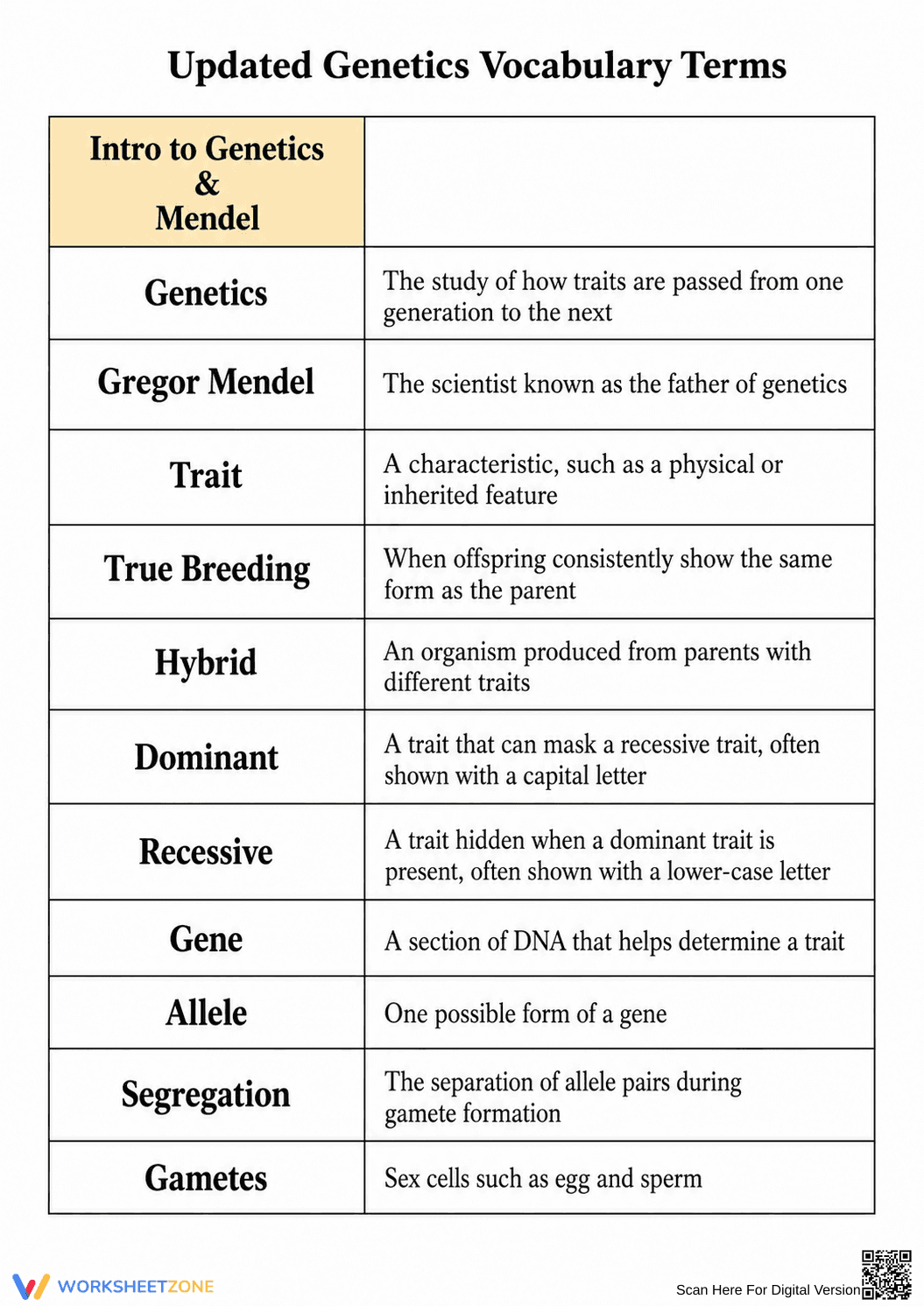 Essential Genetics Vocabulary Worksheet | Grade 7-10 - Page 1
