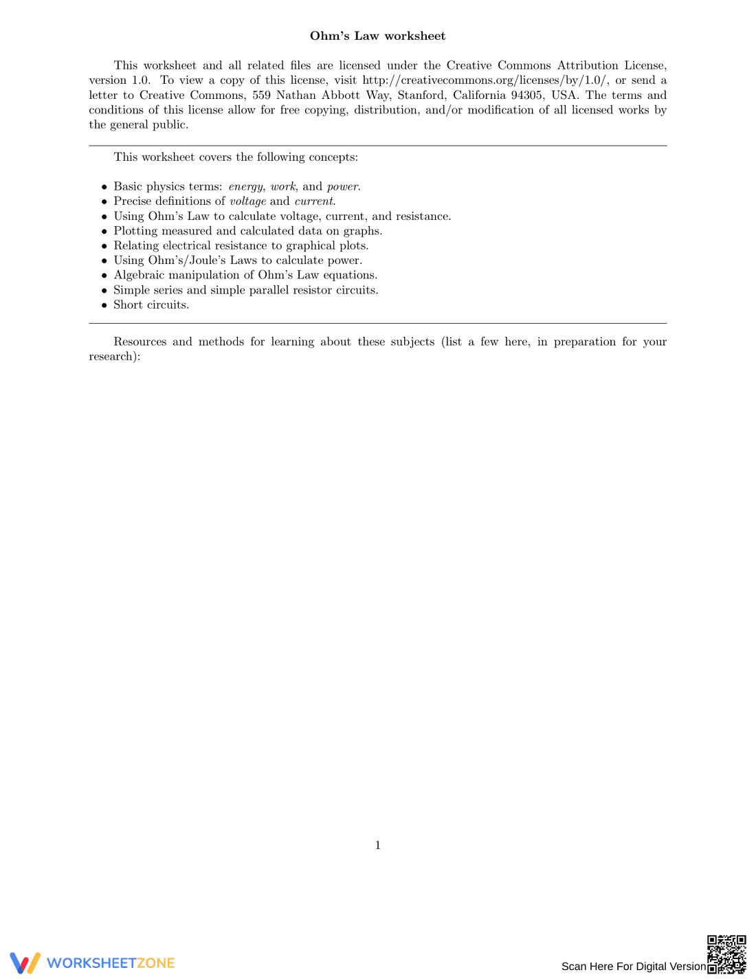 Ohm's Law Worksheet - Page 1