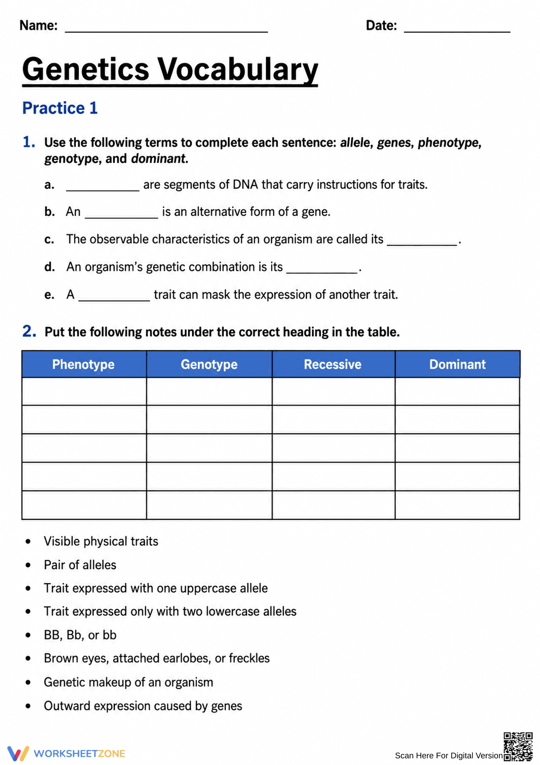 Essential Genetics Vocabulary Worksheet | Grade 7-10 Ready - Page 1
