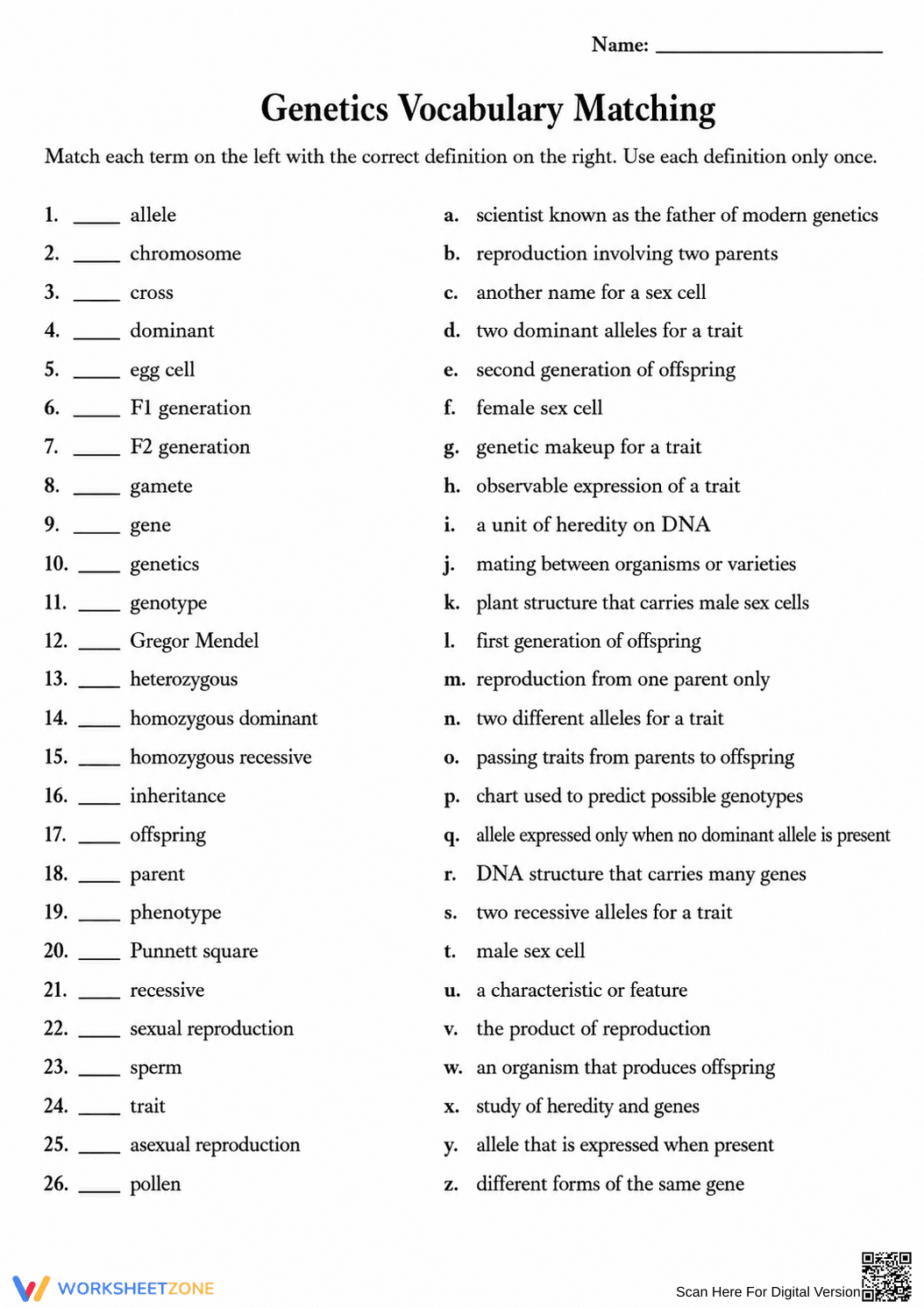 Printable Genetics Vocabulary Worksheet | Grade 9 Science - Page 1