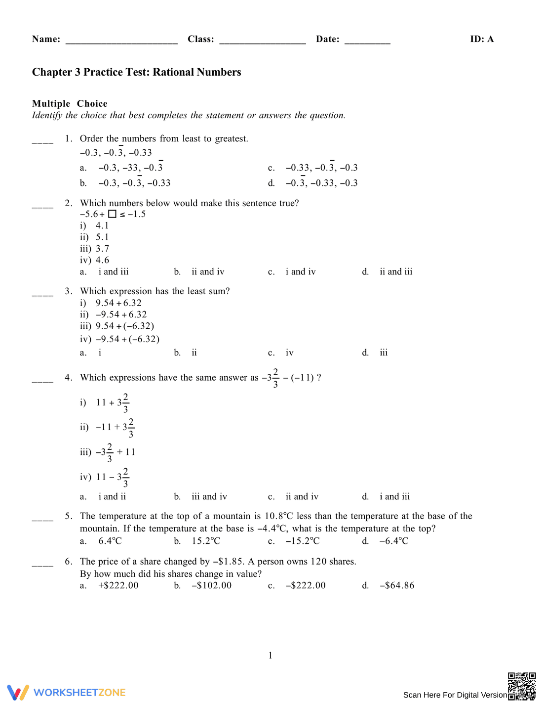 Practice Test on Rational Numbers - Page 1