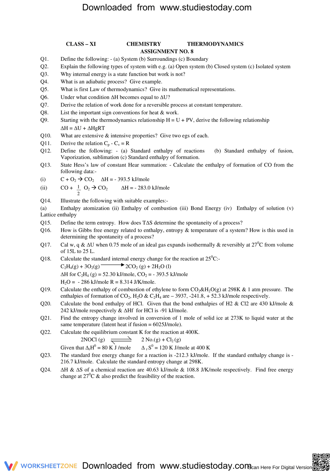 Introduction to Thermodynamics: Worksheet - Page 1