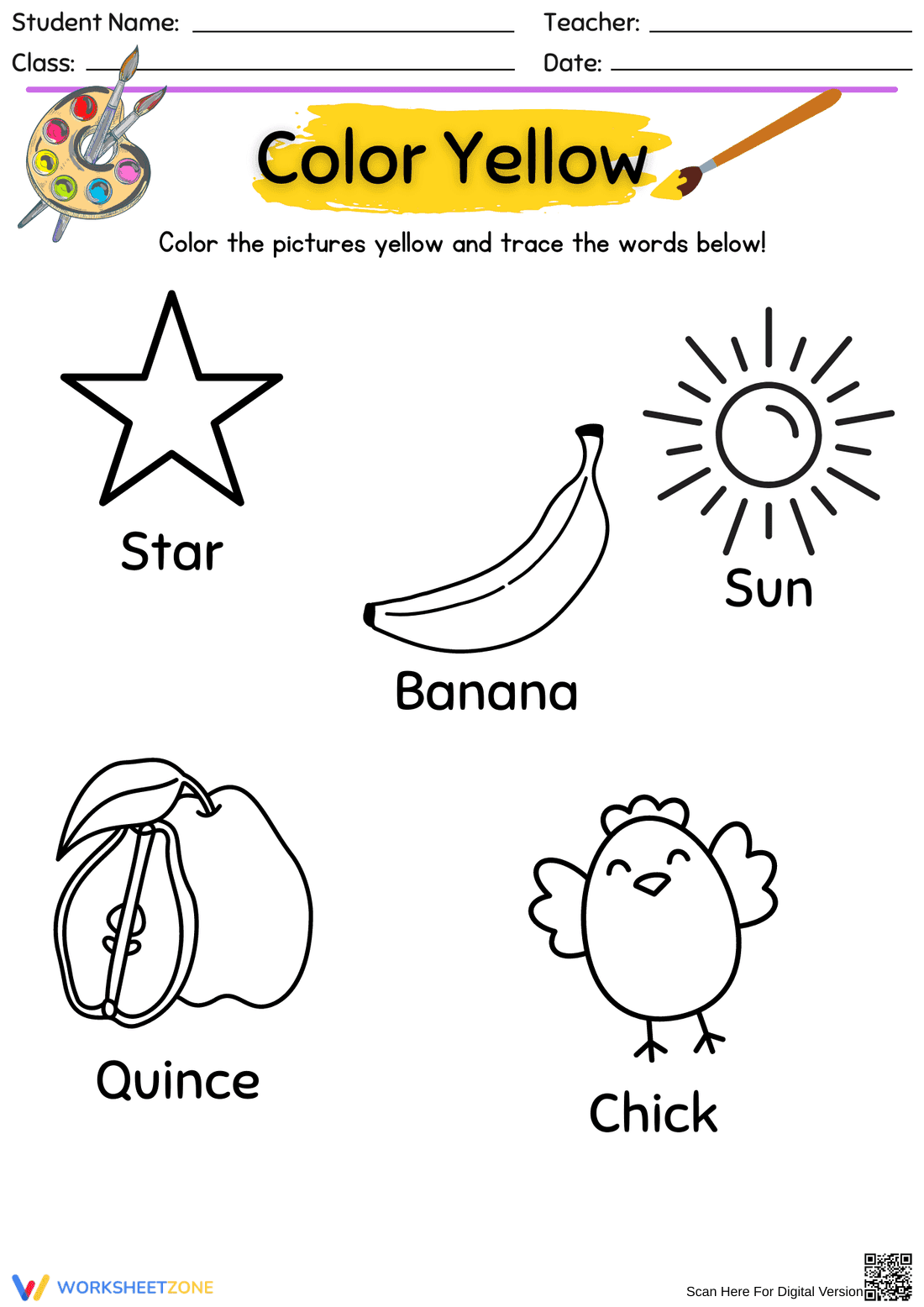 Kindergarten Yellow Color & Trace — Printable Worksheet - Page 1