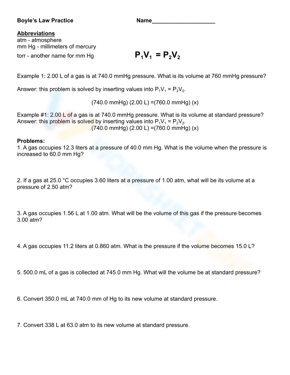 Boyle's Law Worksheet 2: Chemistry Practice - Page 1