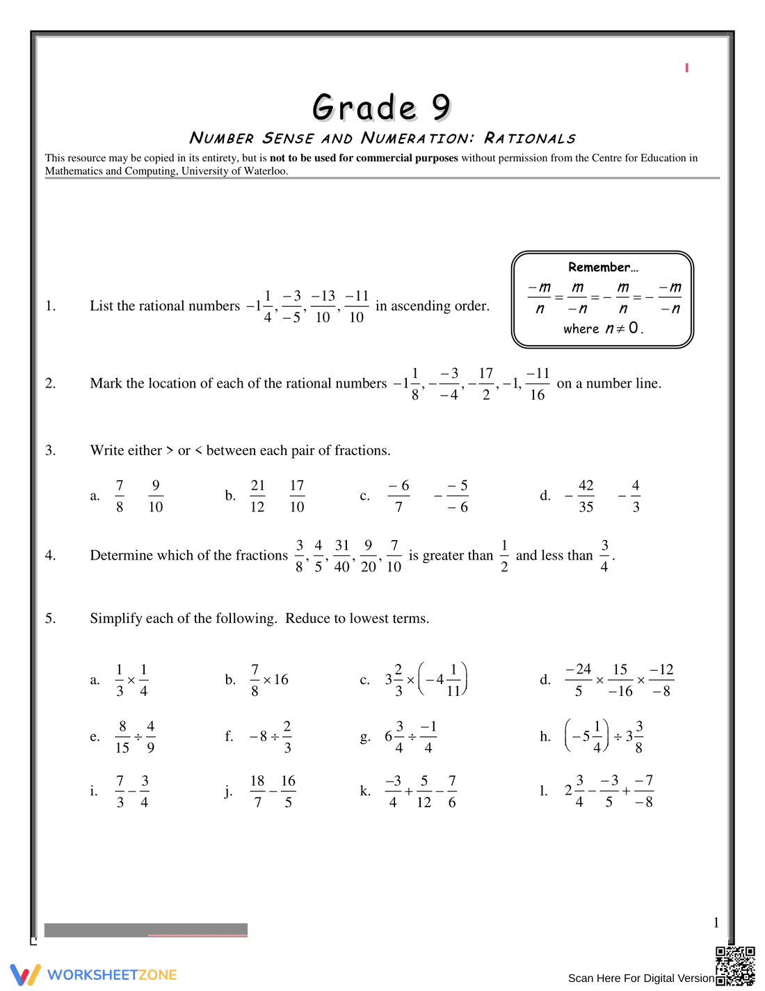 Understanding Rational Numbers: A Comprehensive Worksheet - Page 1