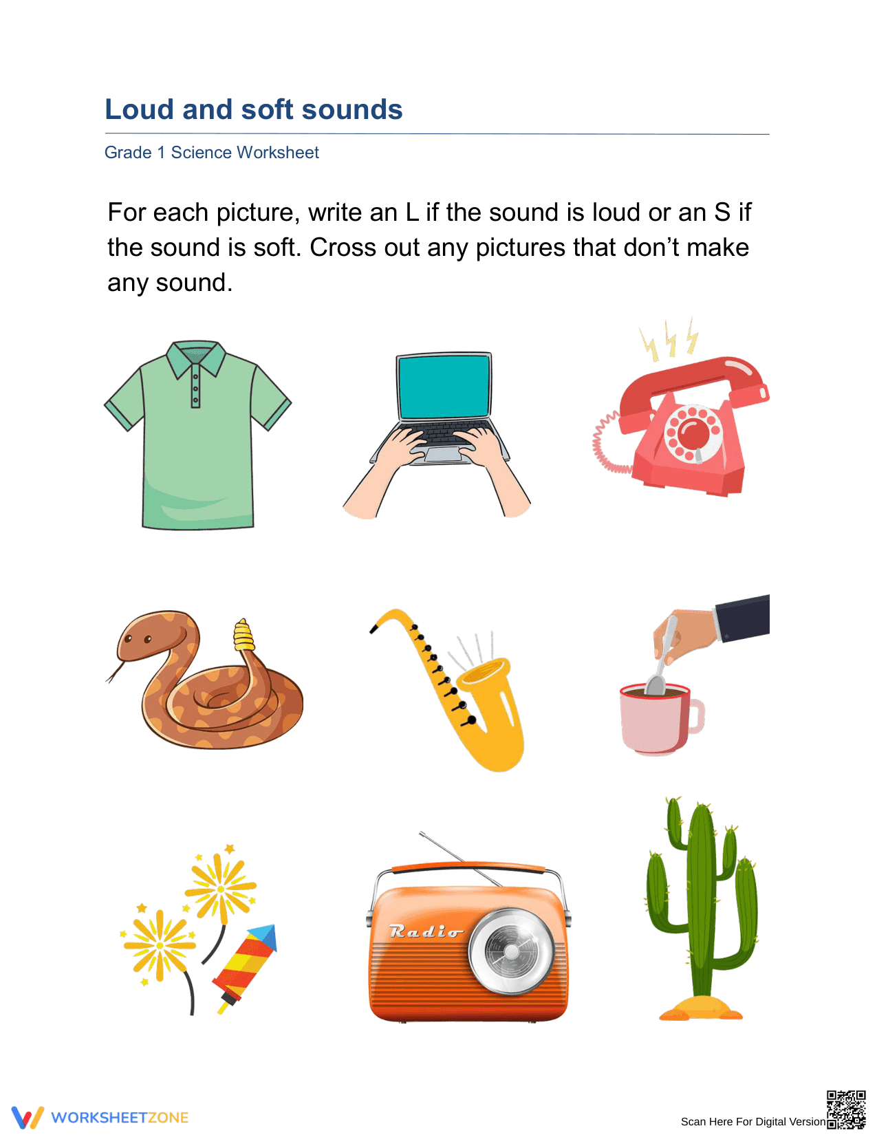 Identifying Loud and Soft Sounds – Science Worksheet - Page 1