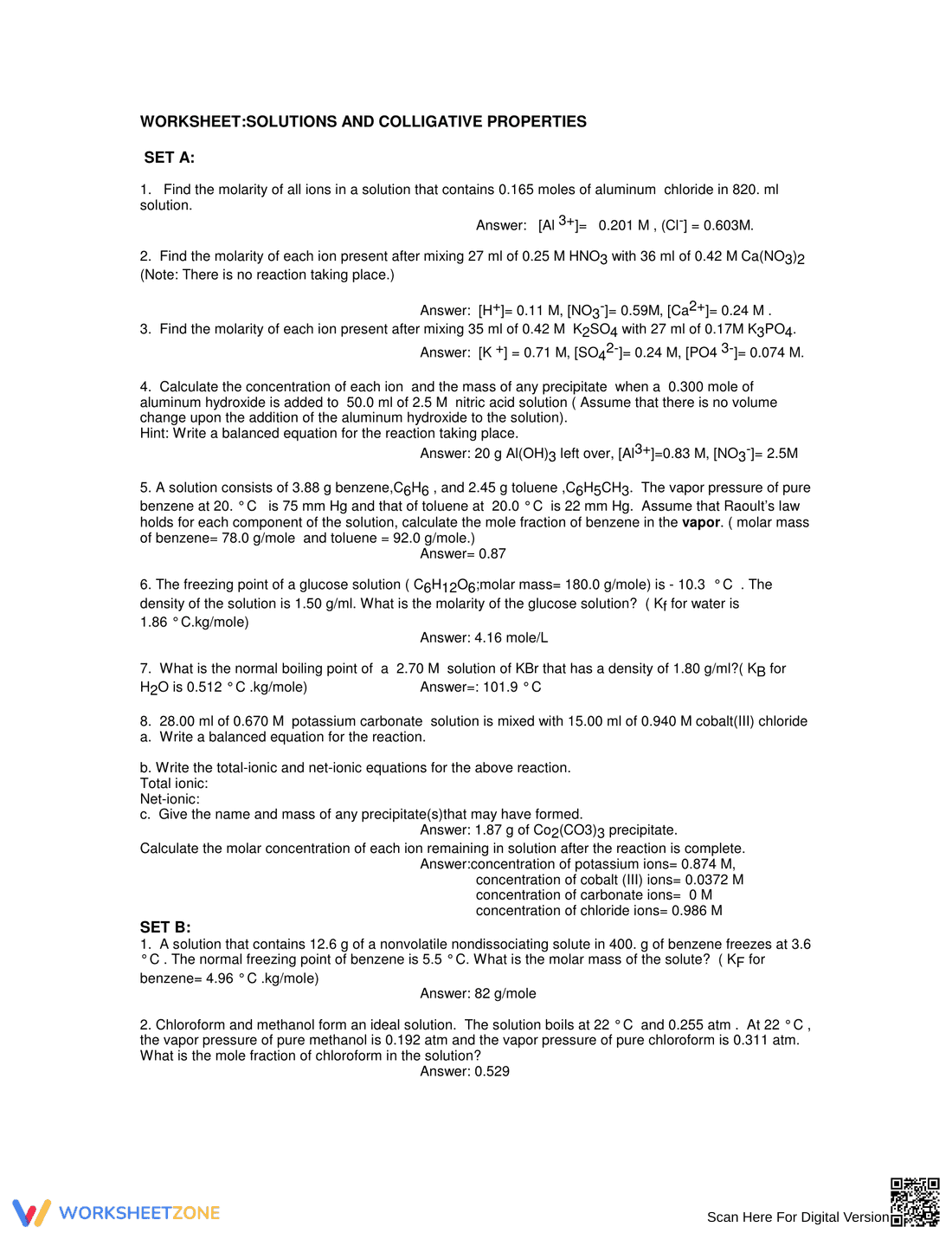 Solutions and Colligative Properties: Worksheet Guide - Page 1