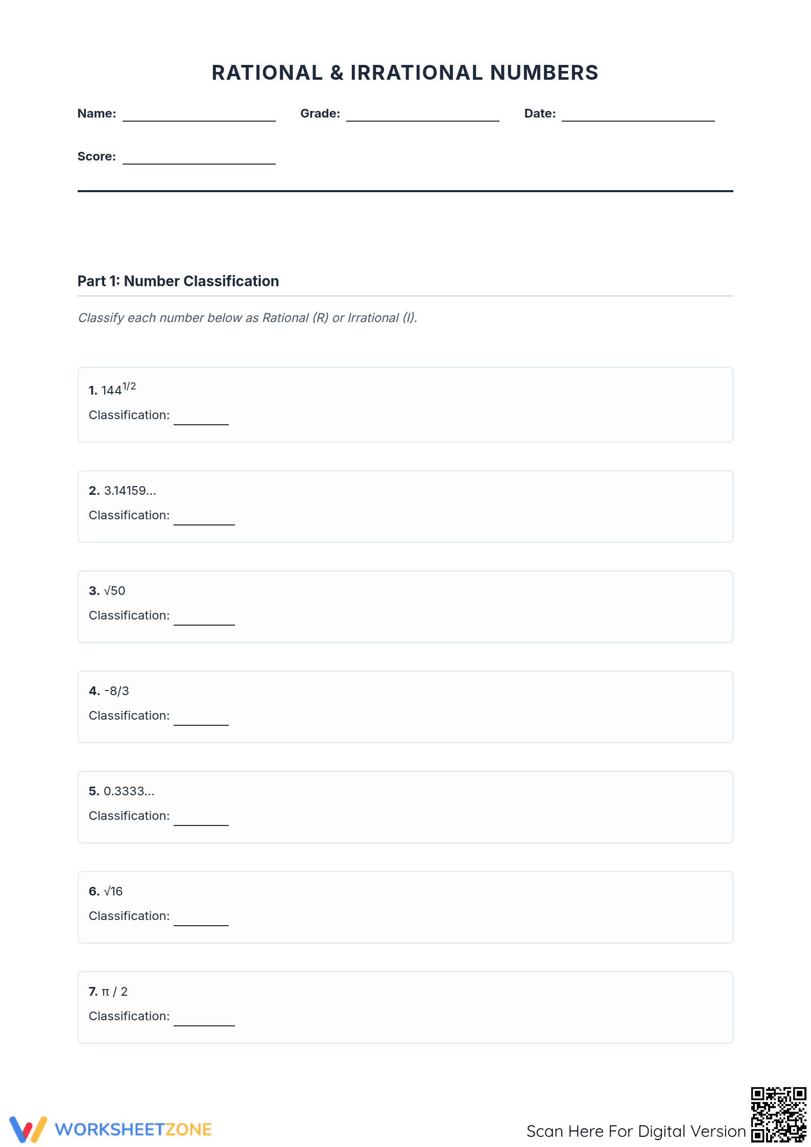 Rational & Irrational Numbers Worksheet | Grade 10 Essential - Page 1