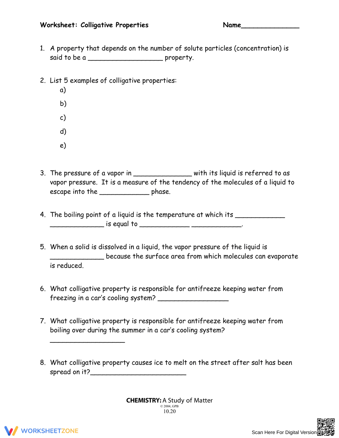 Worksheet: Colligative Properties in Chemistry - Page 1