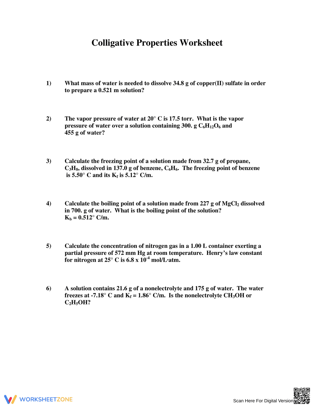 Colligative Properties Worksheet: Practice Problems - Page 1