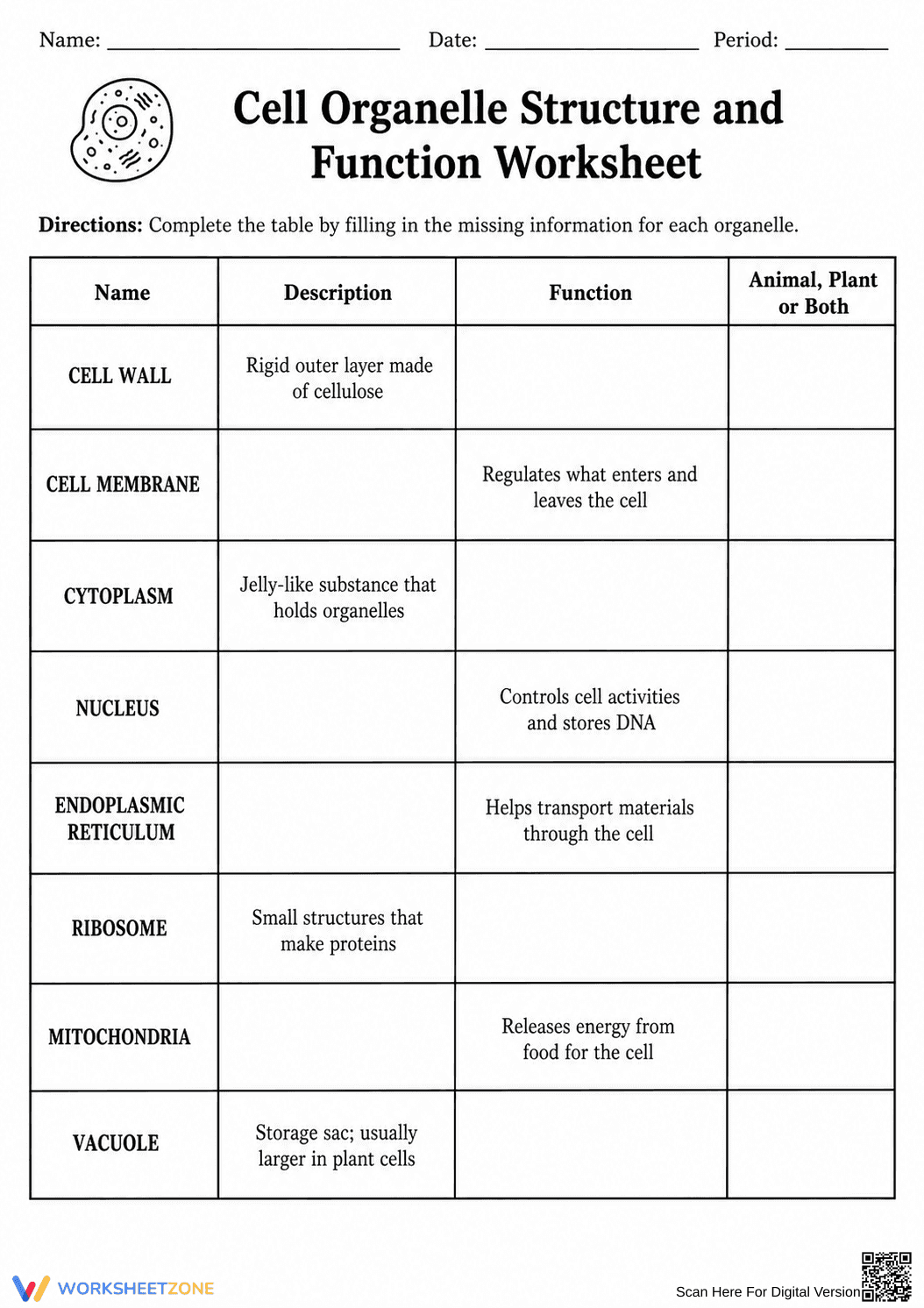 Grade 7 Cell Organelles — Printable No-Prep Worksheet - Page 1