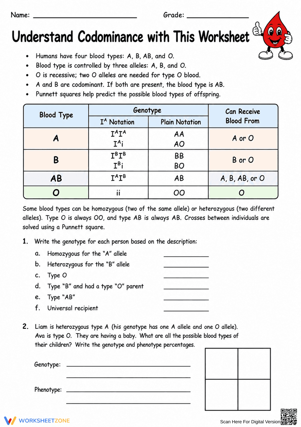 Codominance & Blood Types Worksheet | Grade 9 Printable - Page 1