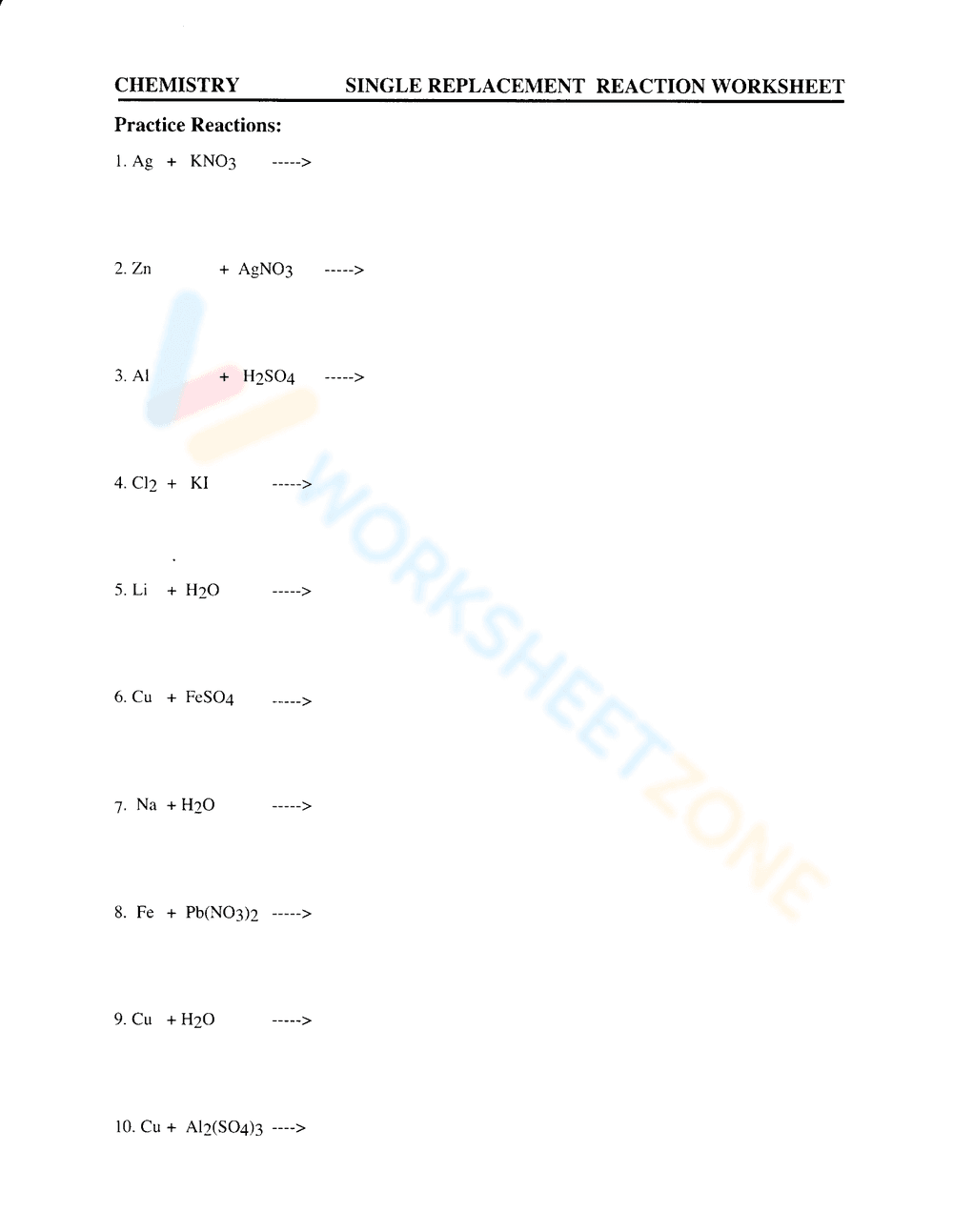 Single Replacement Reaction Practice - Page 1