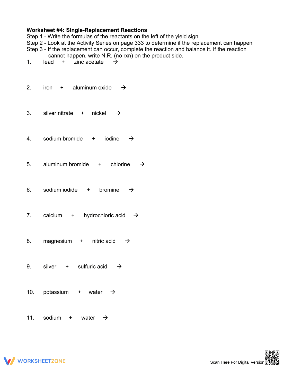 Single Replacement Reaction Worksheet - Page 1