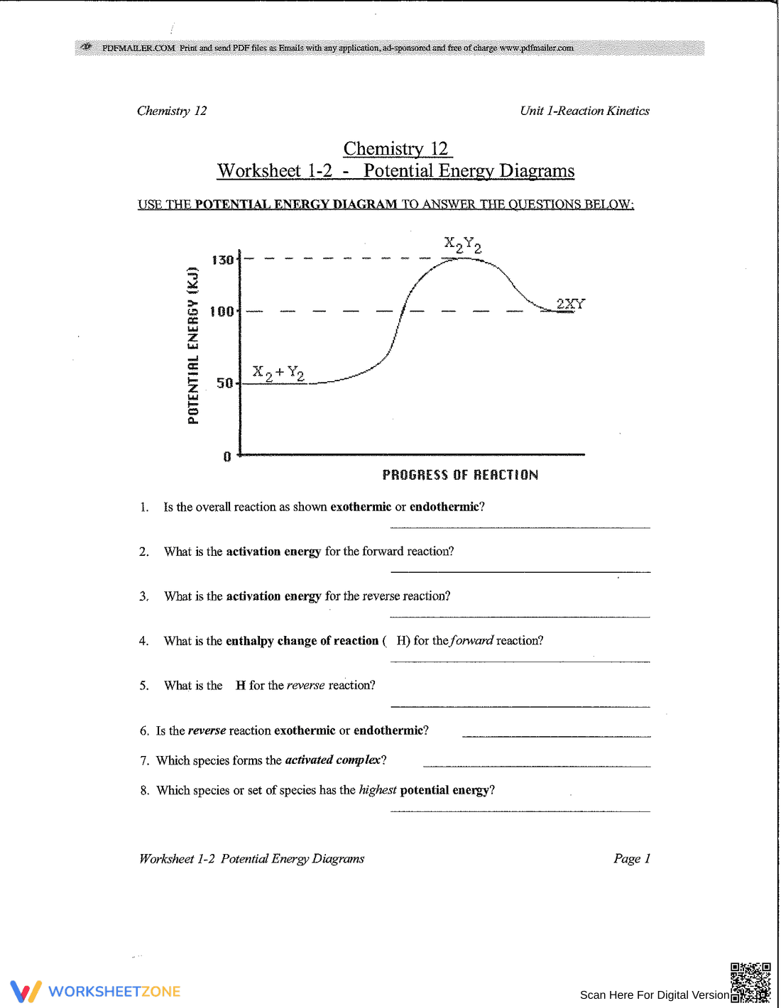 Practice Potential Energy Diagrams: Chemistry Worksheet - Page 1