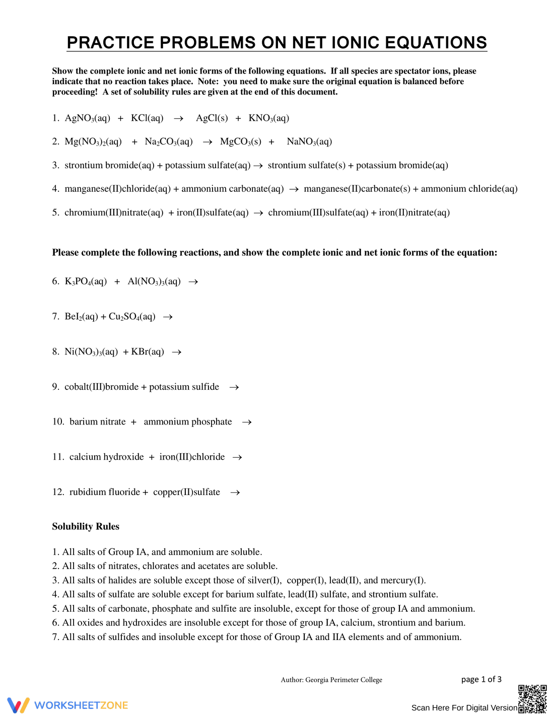Practice Problems on Net Ionic Equations - Page 1