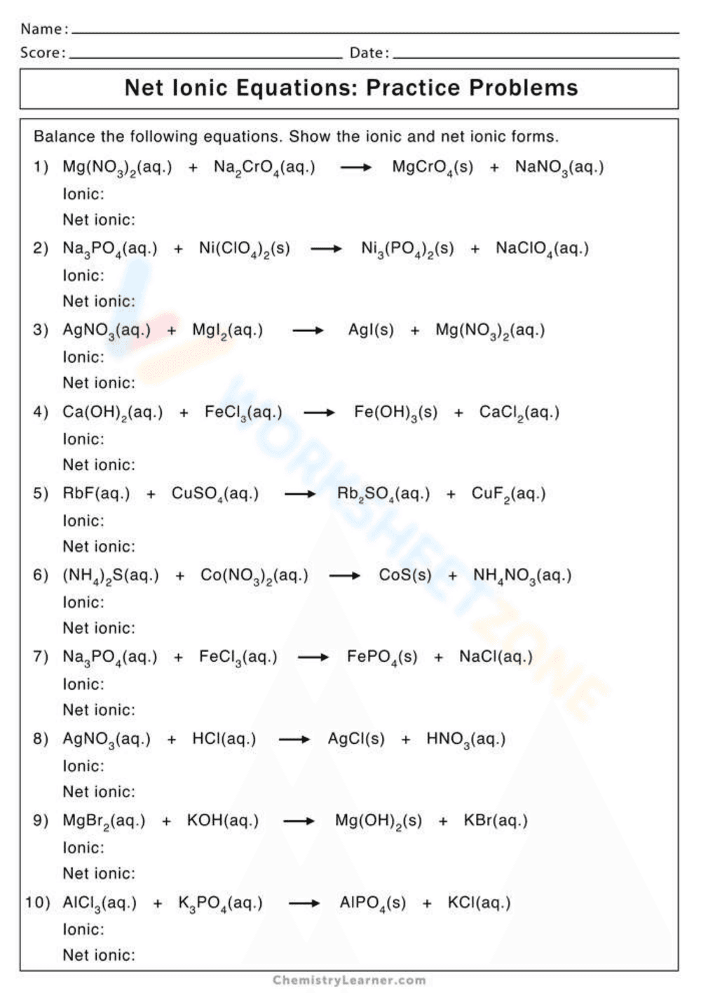 Practice Net Ionic Equation Worksheet - Page 1