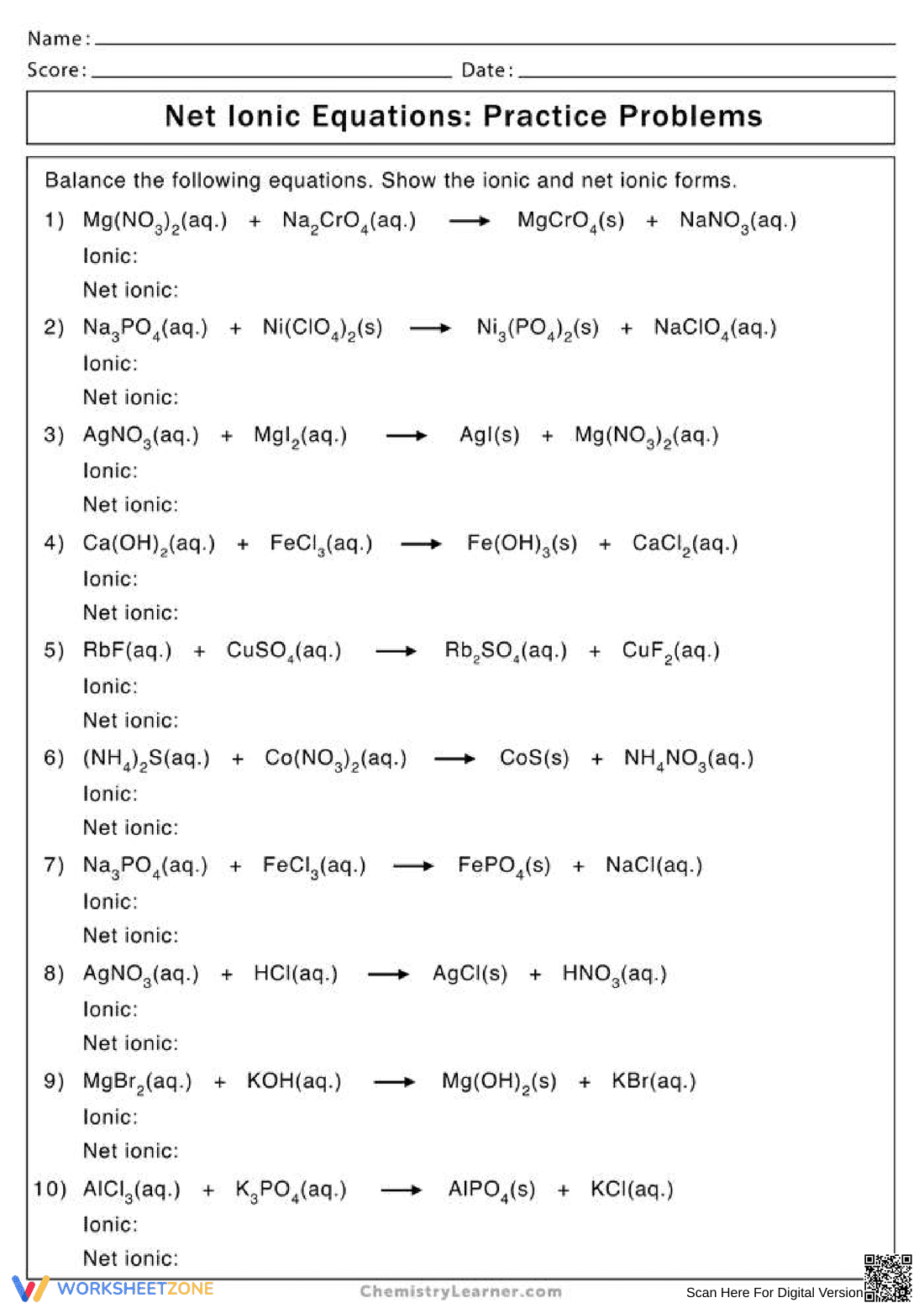 Practice Net Ionic Equation Worksheet - Page 1