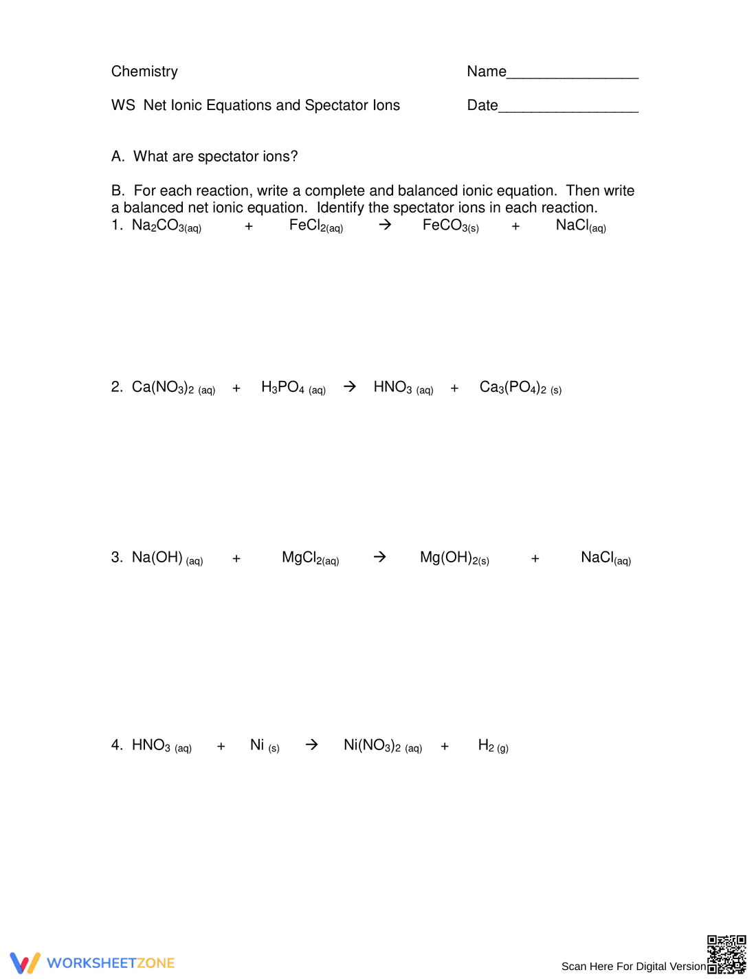 Net Ionic Equations and Spectator Ions Worksheet - Page 1