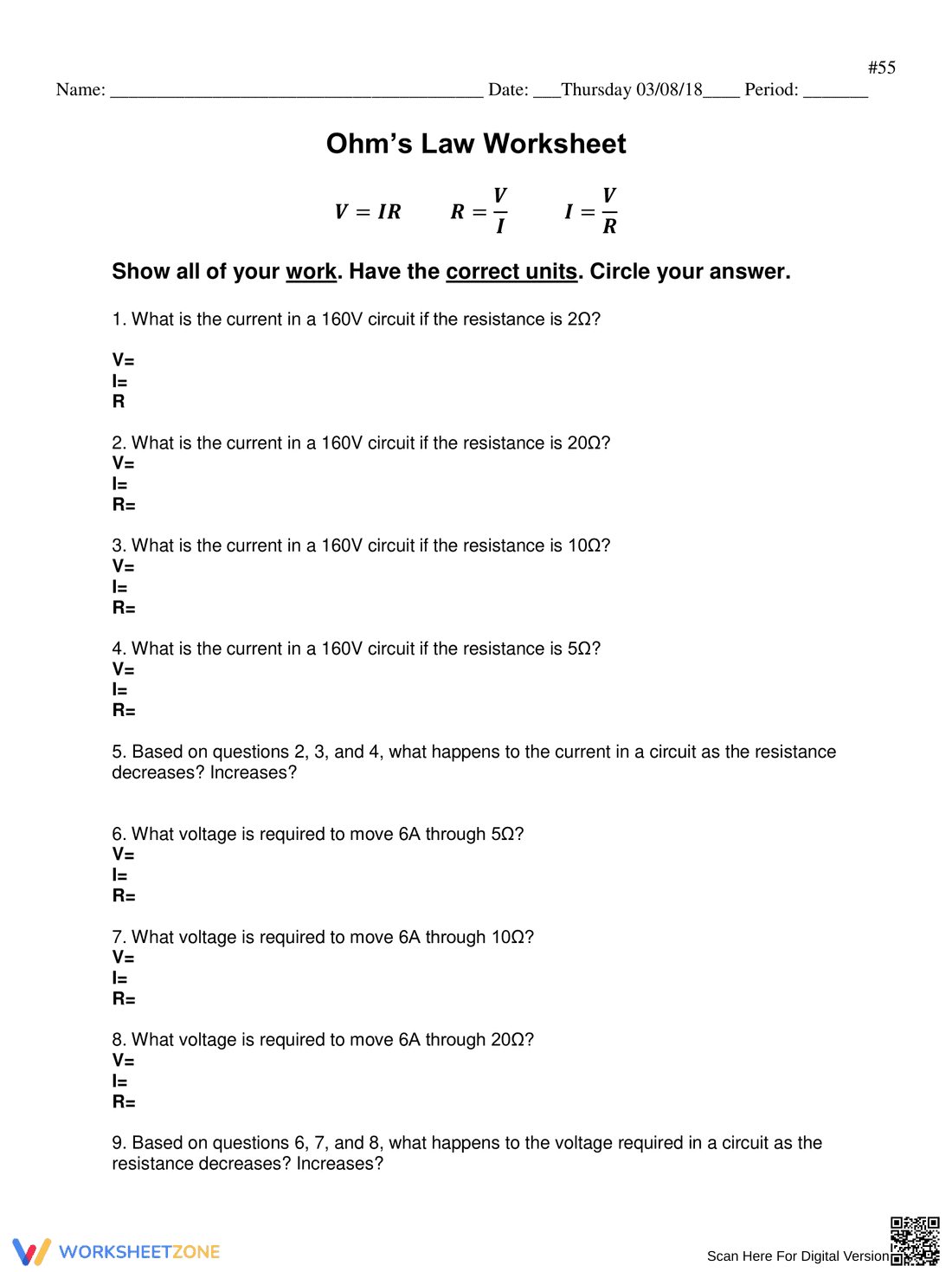 Understanding Ohm's Law Worksheet - Page 1