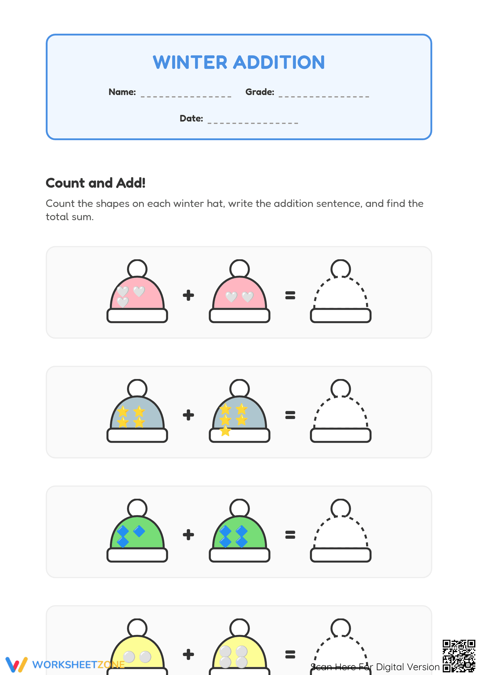 Winter Addition Worksheet | Essential Kindergarten Math - Page 1